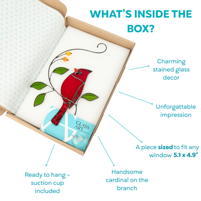 Cardinal stained glass suncatcher inside branded gift box with suction cup included, ready to hang and perfectly sized