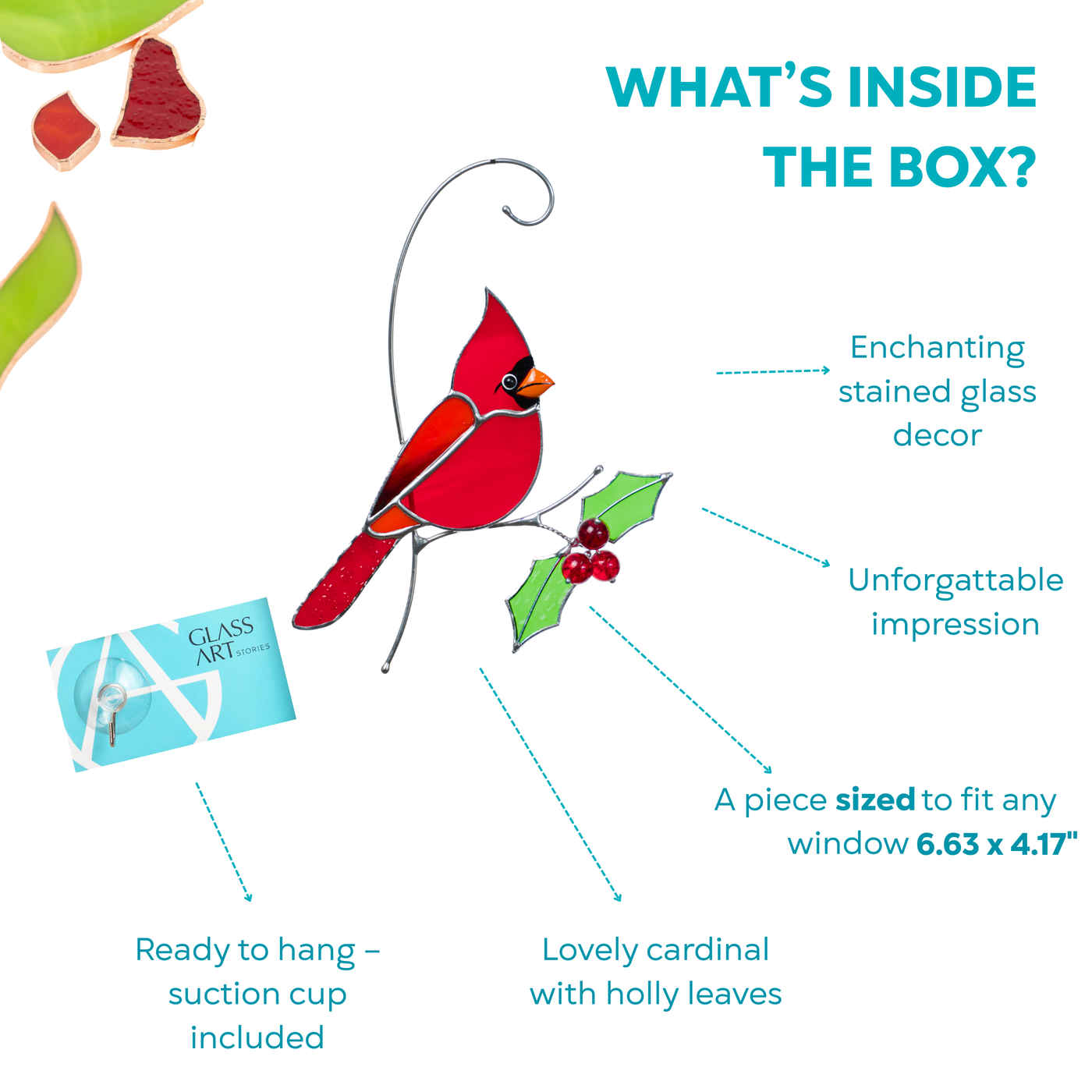 Infographic with stained glass cardinal and package contents with included suction cup.