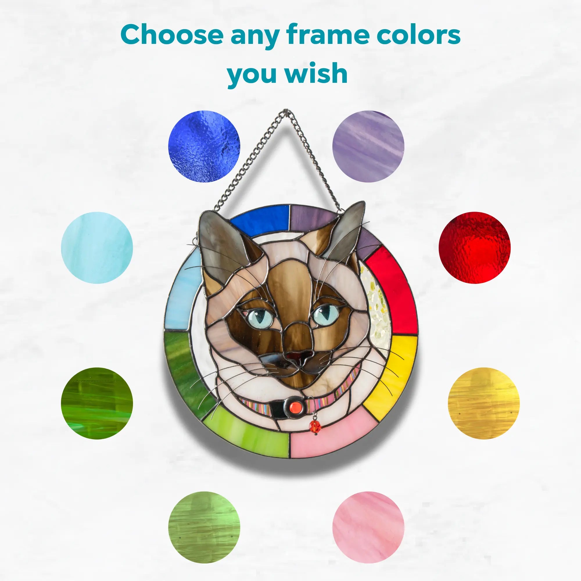Stained glass pet custom panel with color swatches for frame customization on a light gray background.
