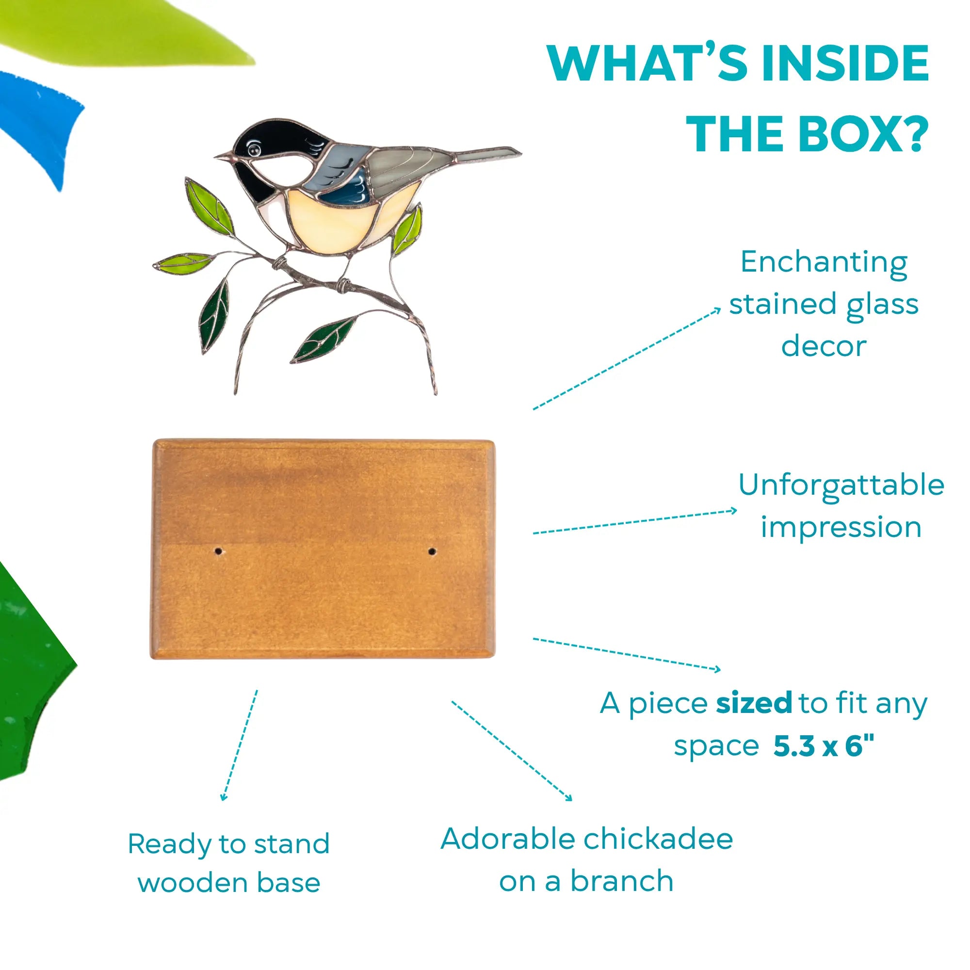 Infographic listing chickadee decor, wooden base, and 5.3 x 6 inch dimensions