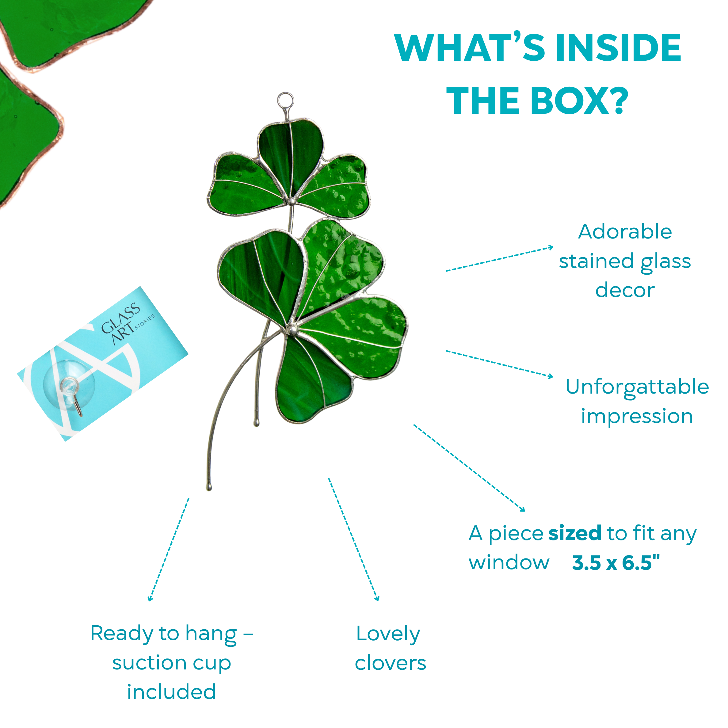 Gift box contents with green stained glass clover, suction cup and branded card.