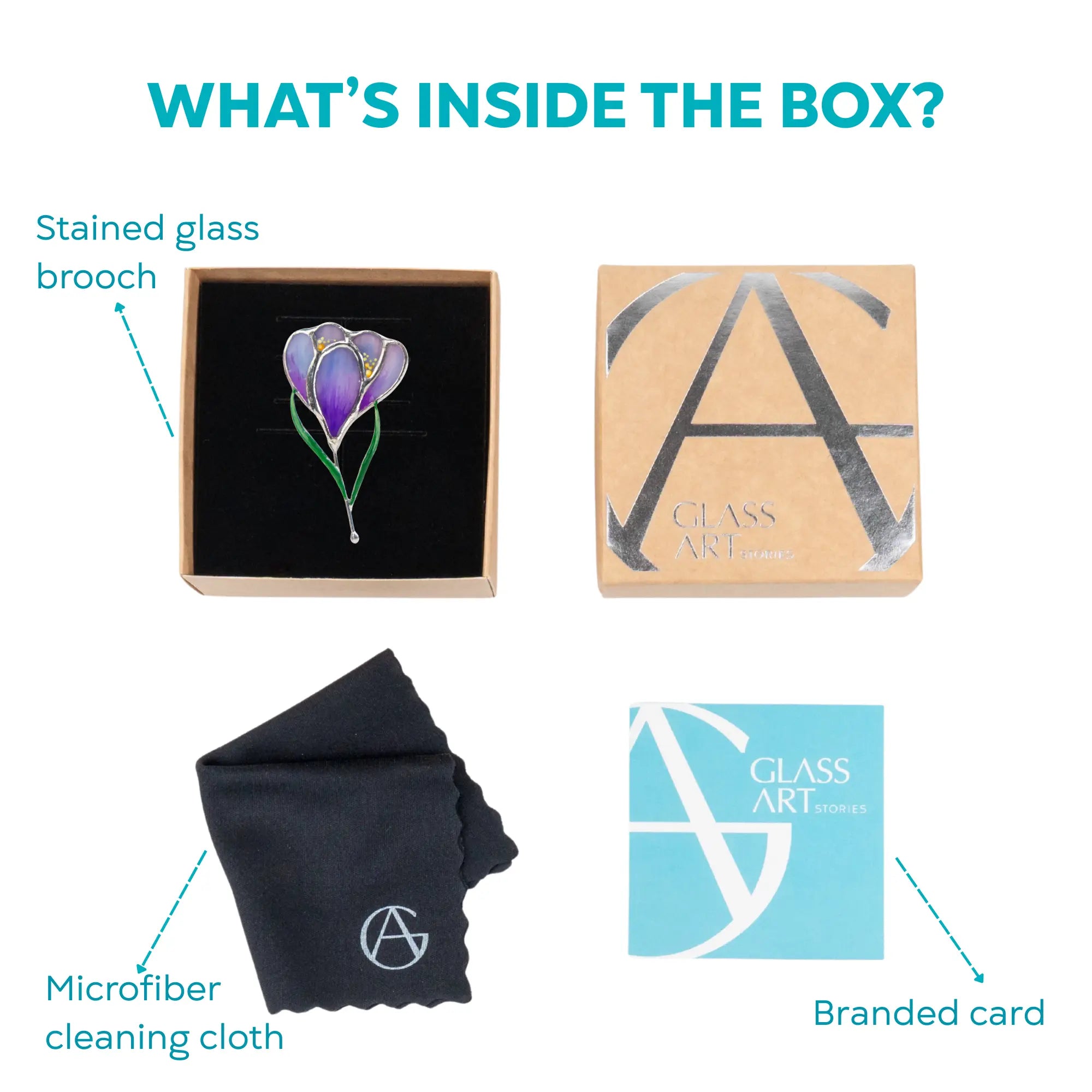Stained glass crocus brooch displayed in branded gift box with microfiber cleaning cloth and Glass Art Stories card.