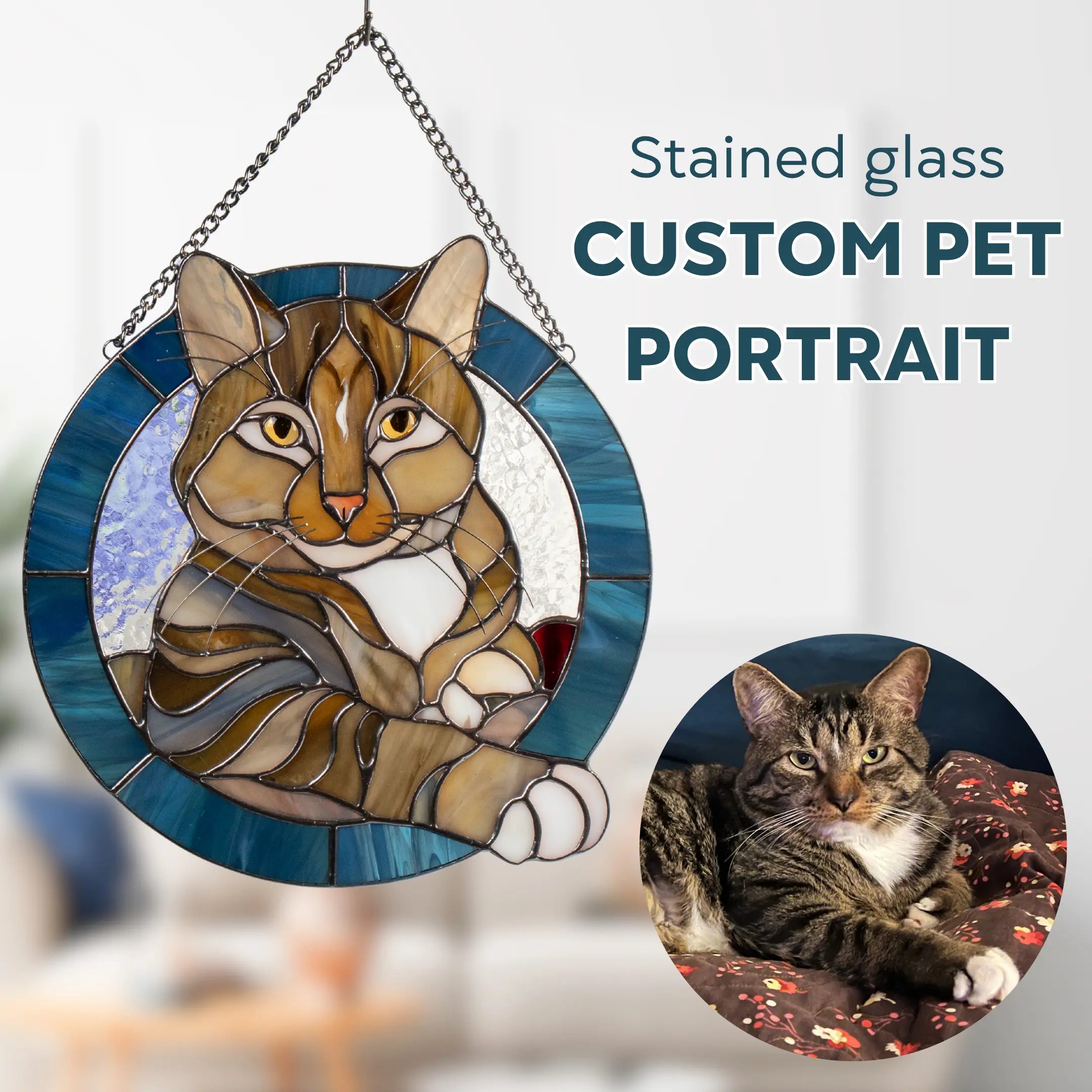 Stained glass panel custom pet portrait of a cat with a close-up inset, set against a blurred indoor background.
