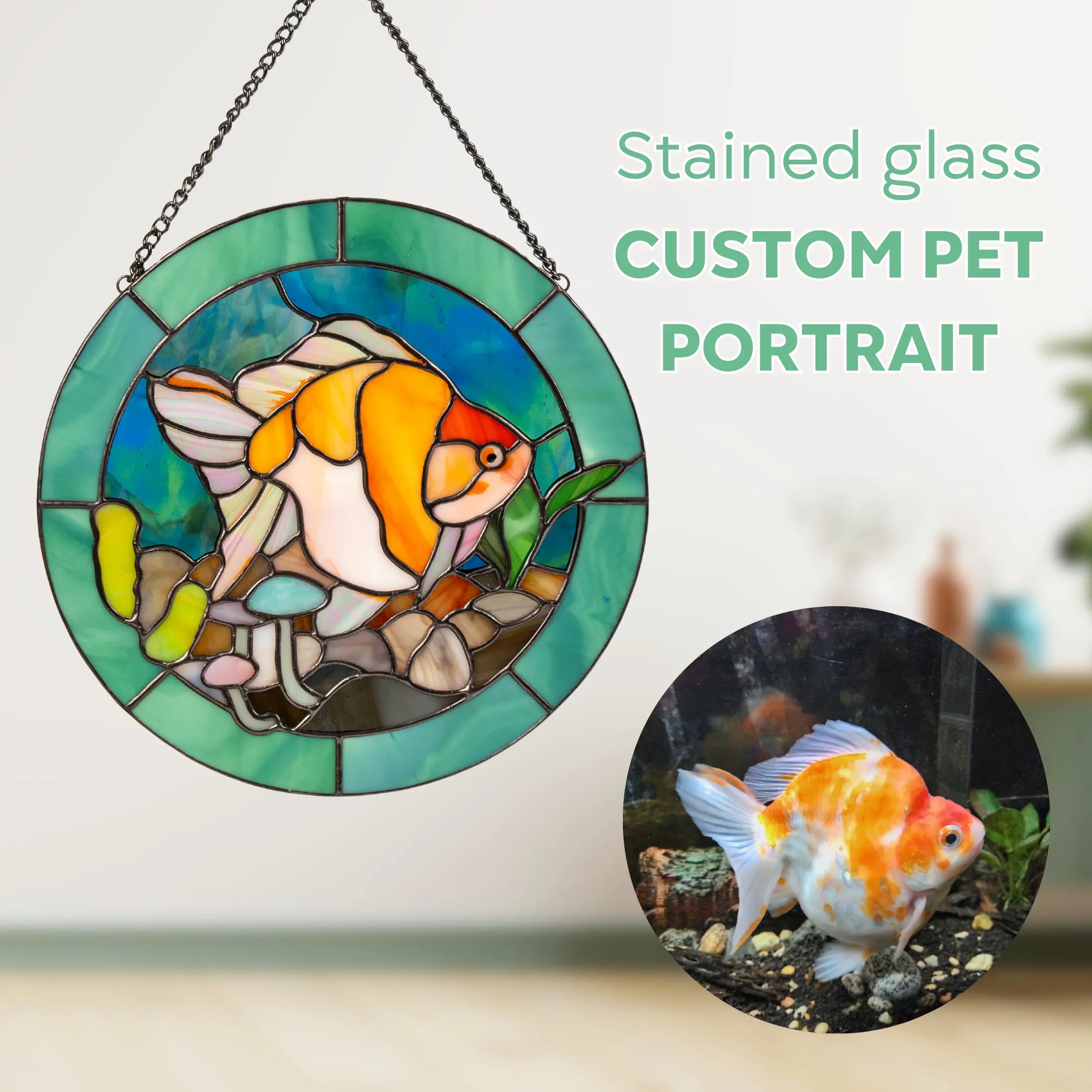 Stained glass panel custom pet portrait of a goldfish with a close-up view, set against a light background.