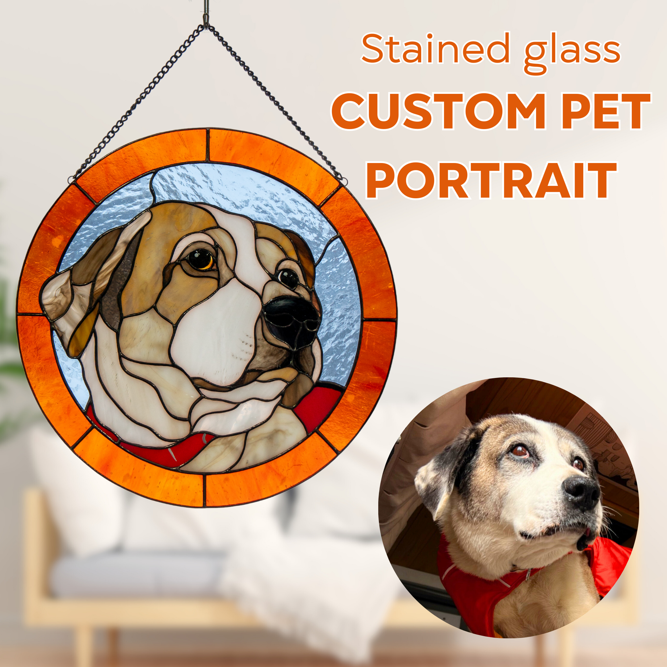 Stained glass panel custom pet portrait with a dog's face and a close-up photo of the dog.