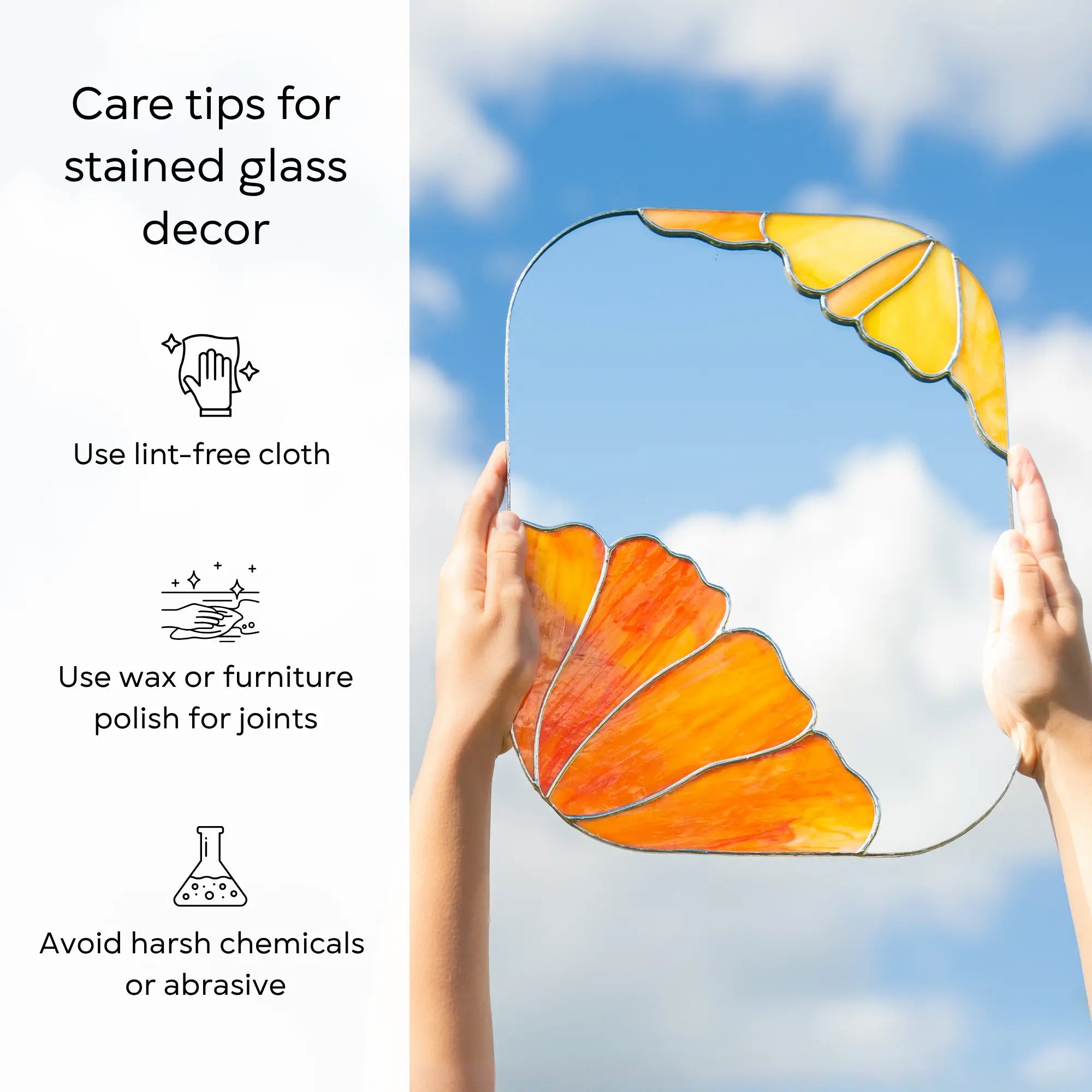 Stained glass decor held by hands with care tips on the left side against a blue sky background: use lint-free cloth, polish joints with car wax or furniture polish, avoid harsh chemicals, and windy places.