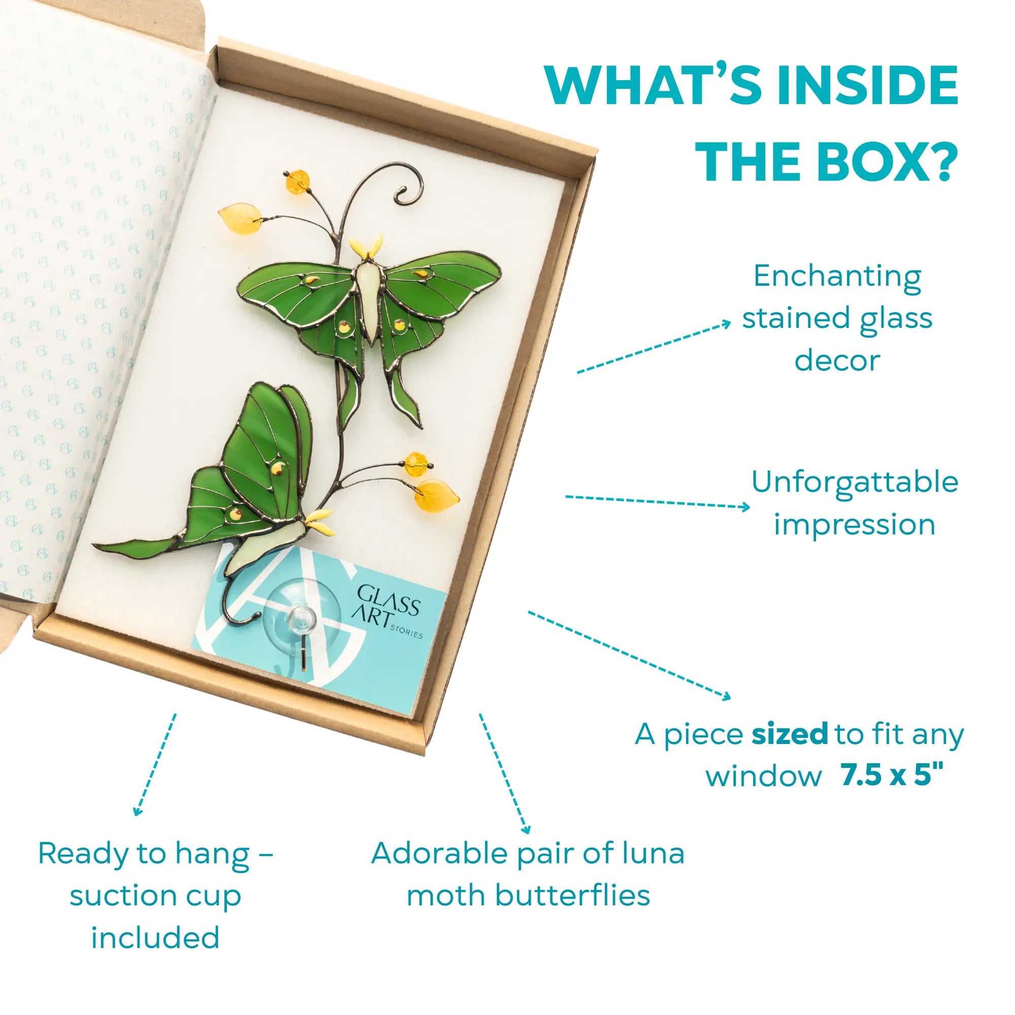 Stained glass decor of luna moth butterflies in a box with suction cup included