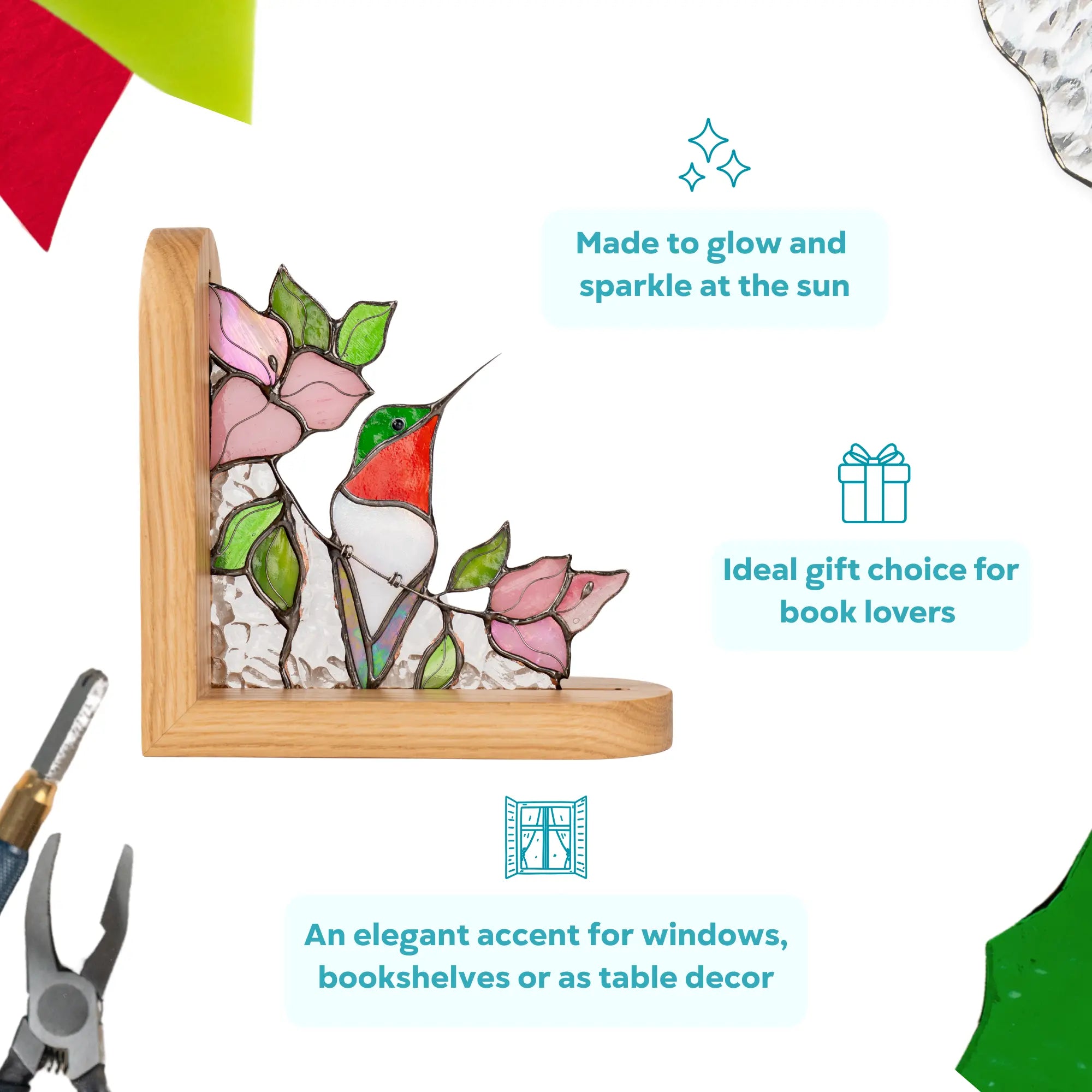 Handcrafted stained glass hummingbird bookend featuring a vibrant red-throated hummingbird among pink blossoms and green leaves.