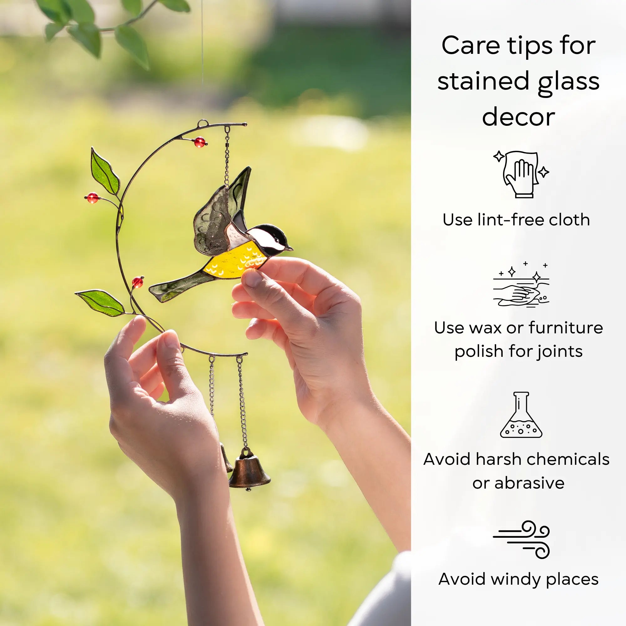 Stained glass decor with a chickadee design held by a hand, set against a blurred natural background: use lint-free cloth, polish joints with car wax or furniture polish, avoid harsh chemicals, and windy places.