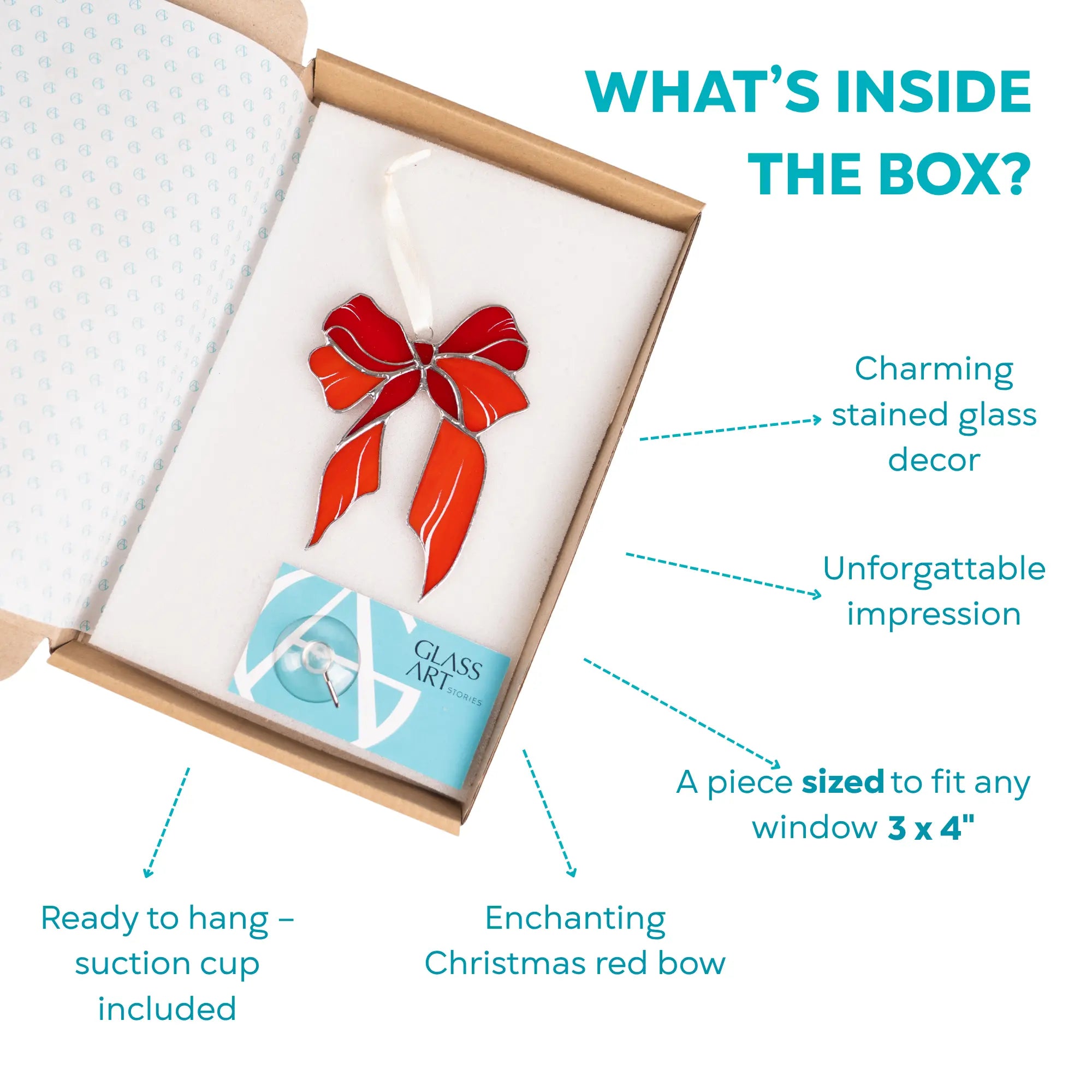 Stained glass decor with a red bow in a box, with branded card and suction cup included