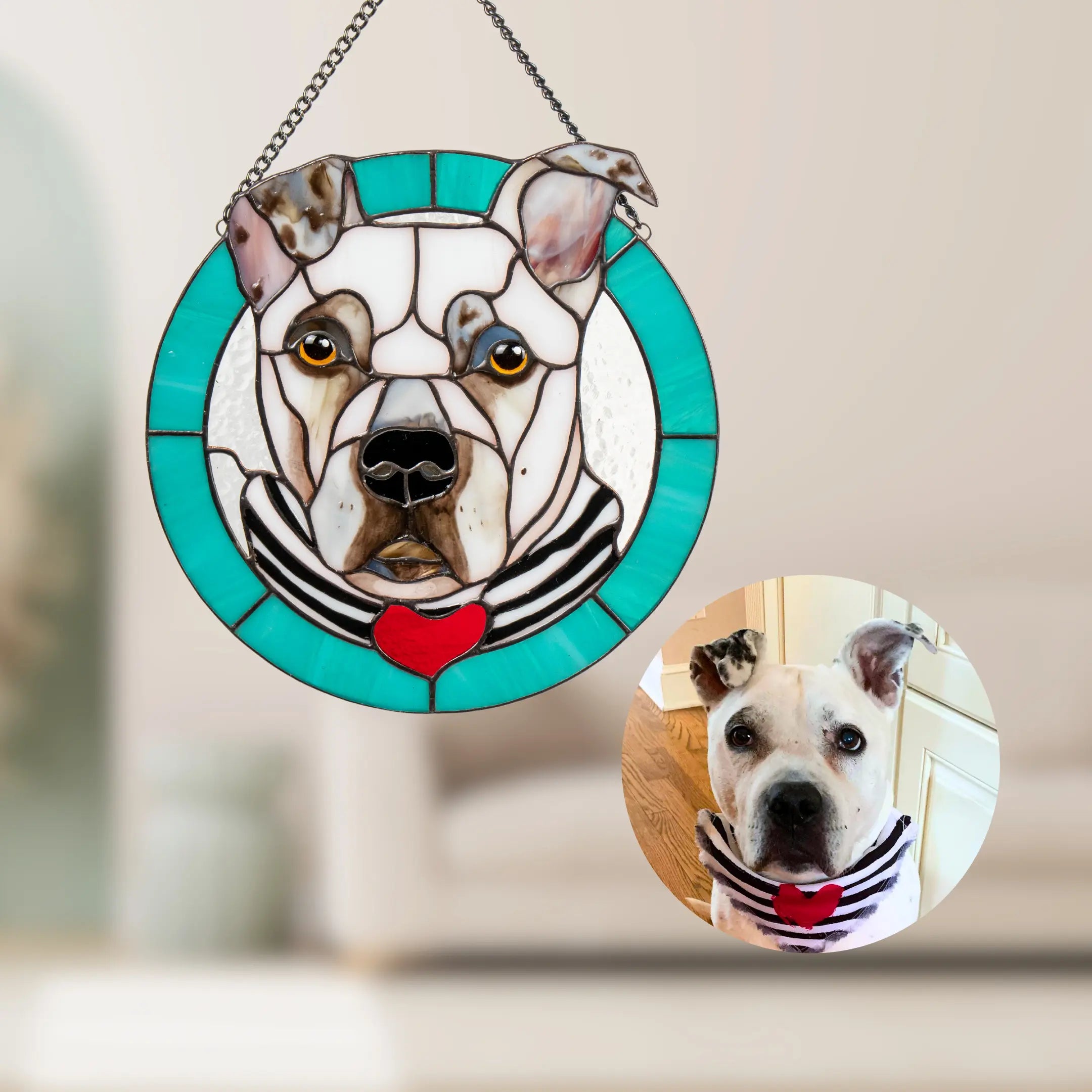 Stained glass panel dog portrait with a heart and a close-up of the dog in a sweater.