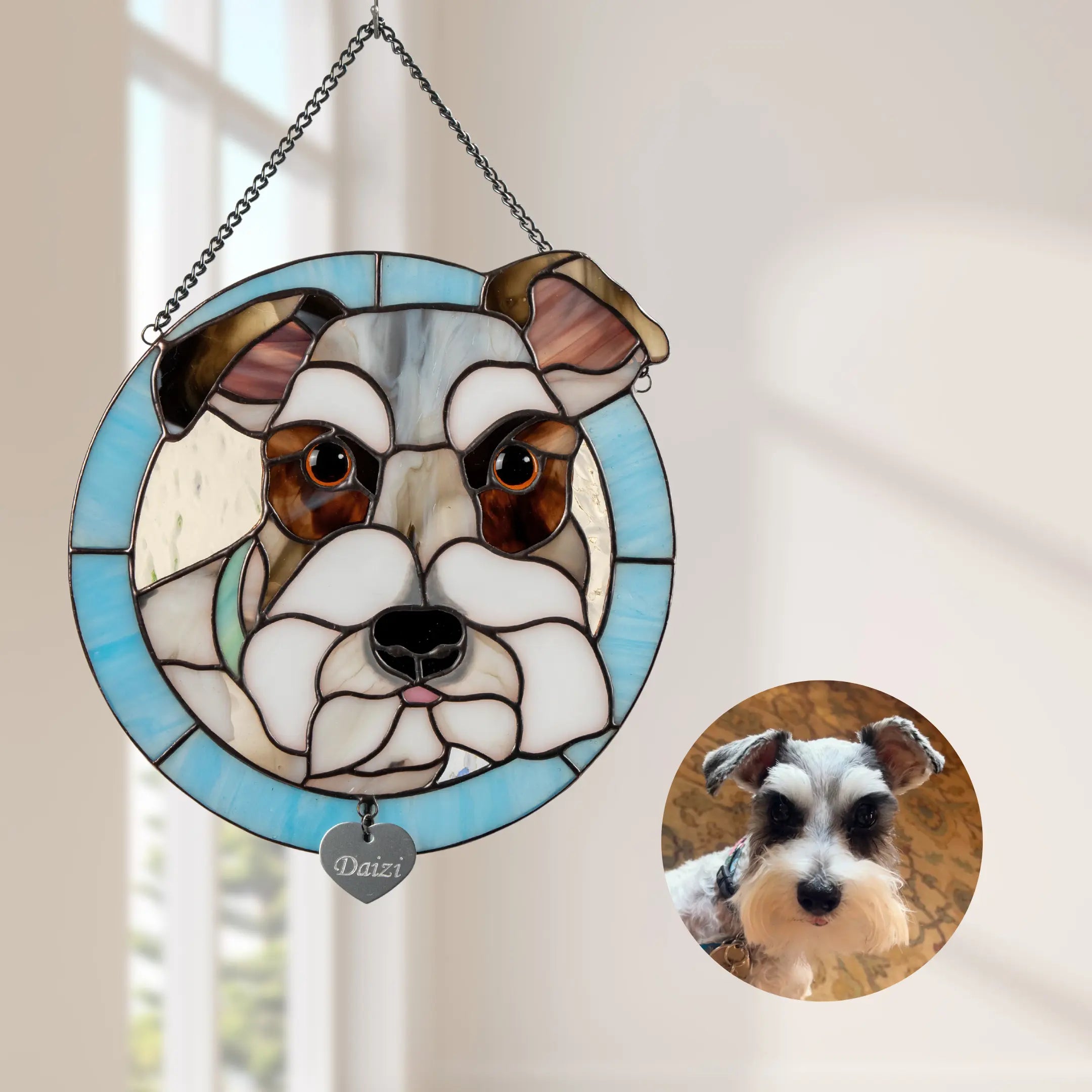 Stained glass panel dog portrait with a photo of a dog named Daizi on a light background