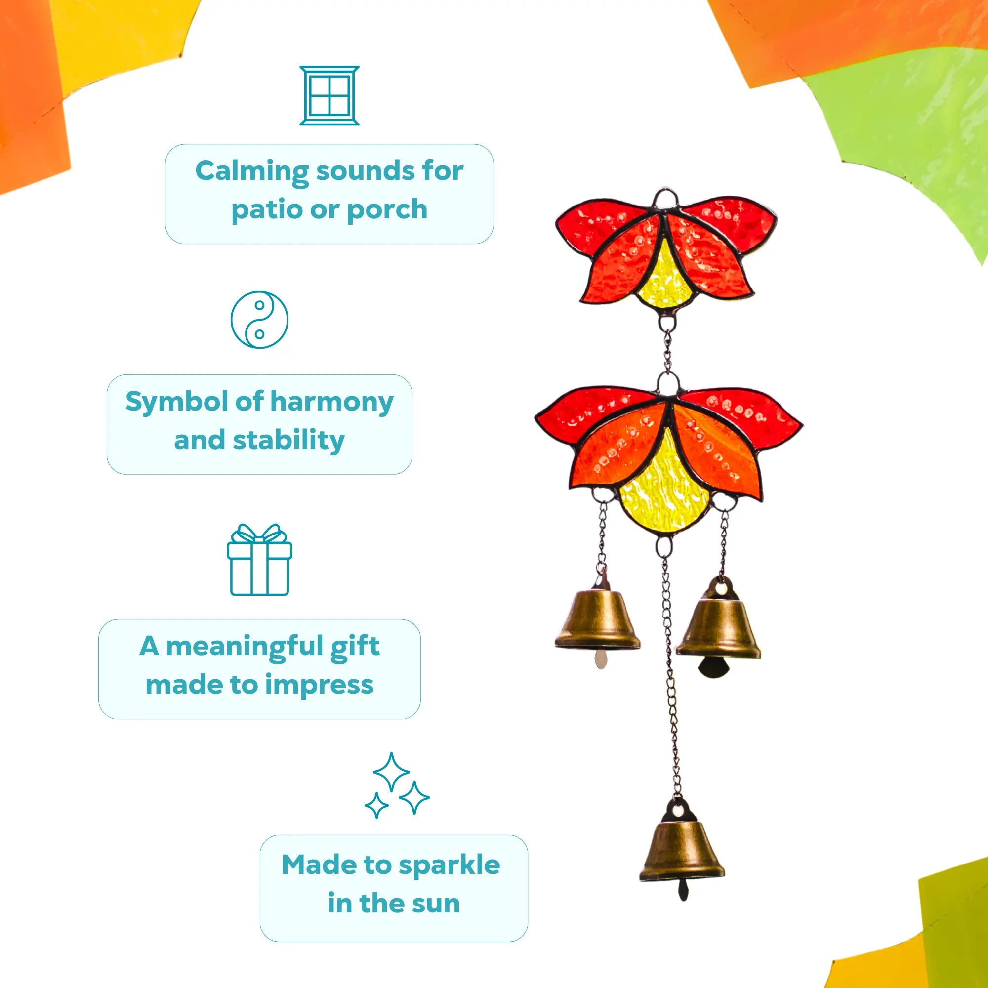 Stained glass flower wind chime with and text about features like calming sounds, harmony, gift-worthiness, and sparkle.