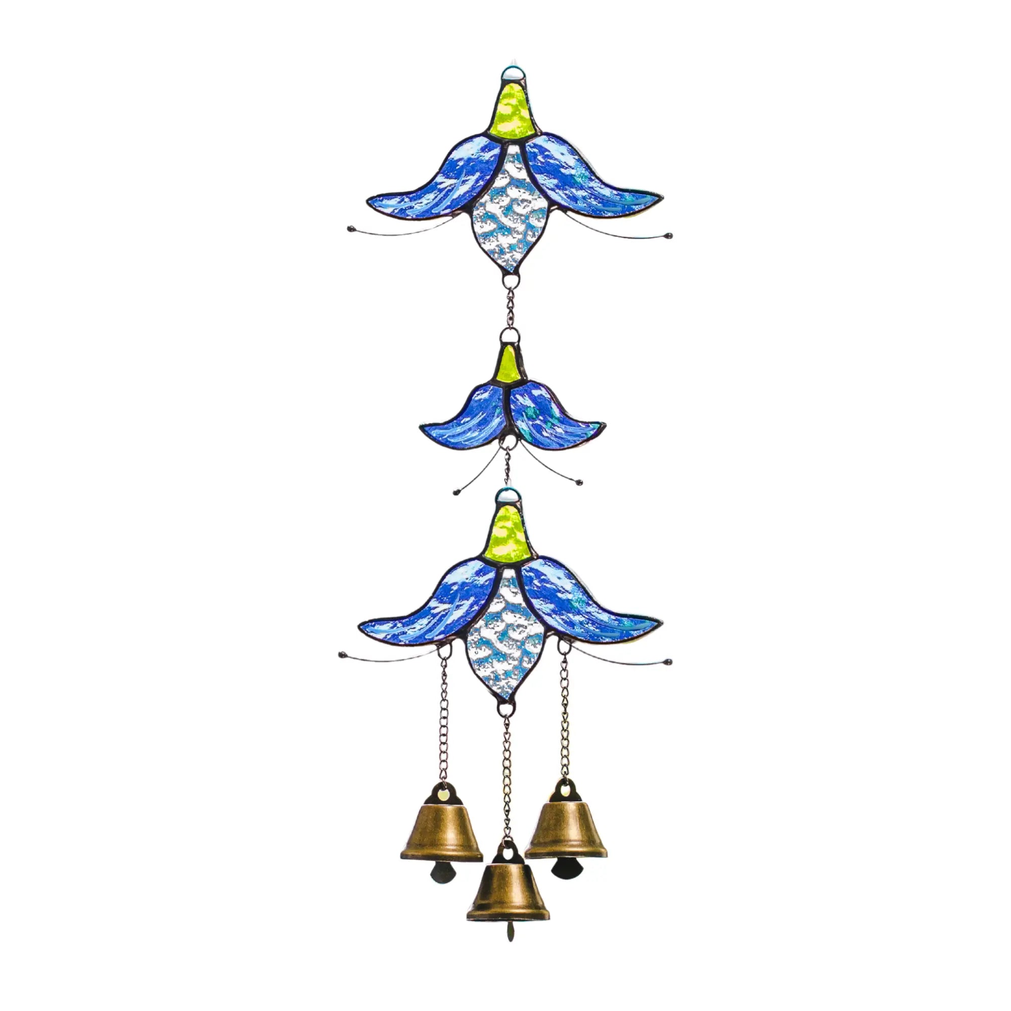 Blue and green stained glass flower wind chime with three small hanging bells, isolated on a white background.