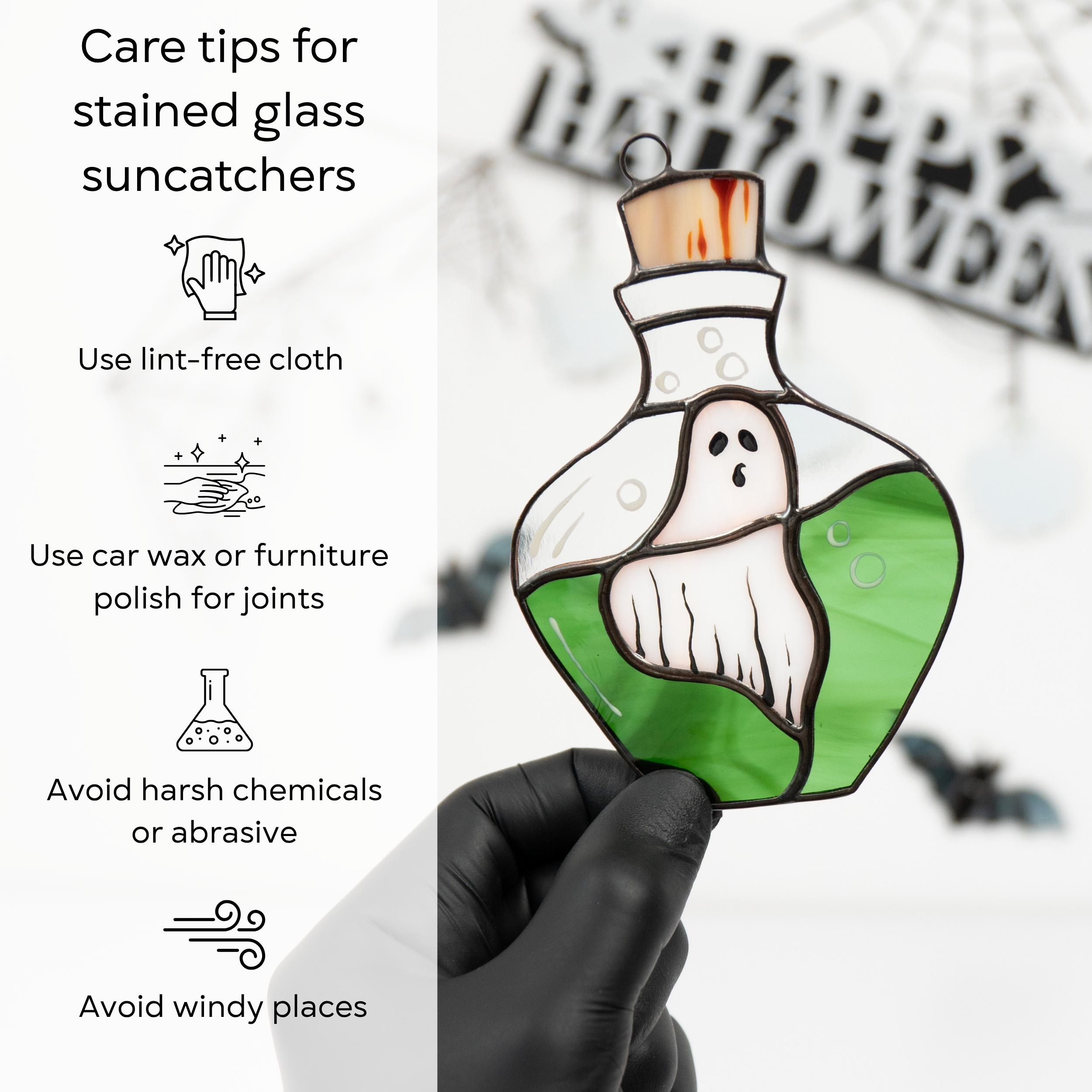 Person holding stained glass ghost in bottle; care tips shown: use lint-free cloth, polish joints, avoid harsh chemicals and wind.