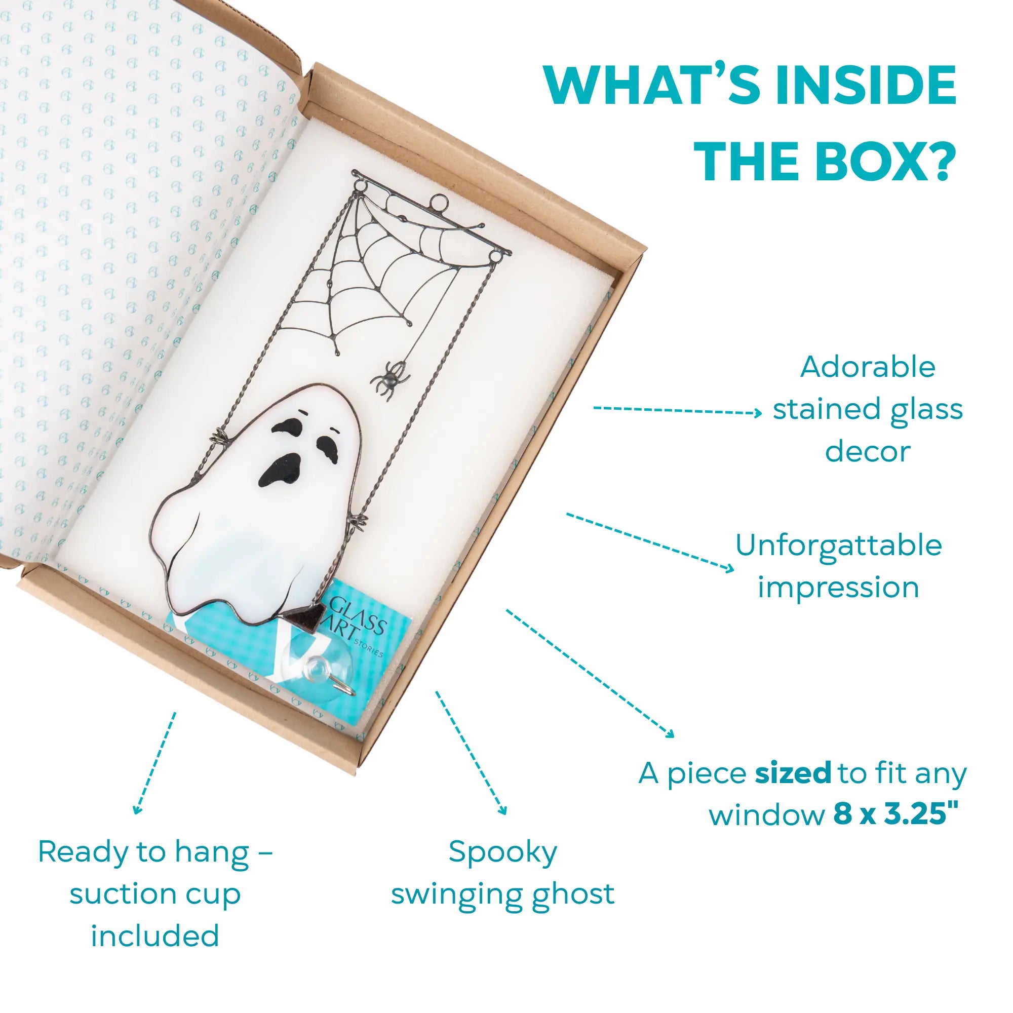 Stained glass decor with ghost and spider design in an open box, including suction cup and branded card