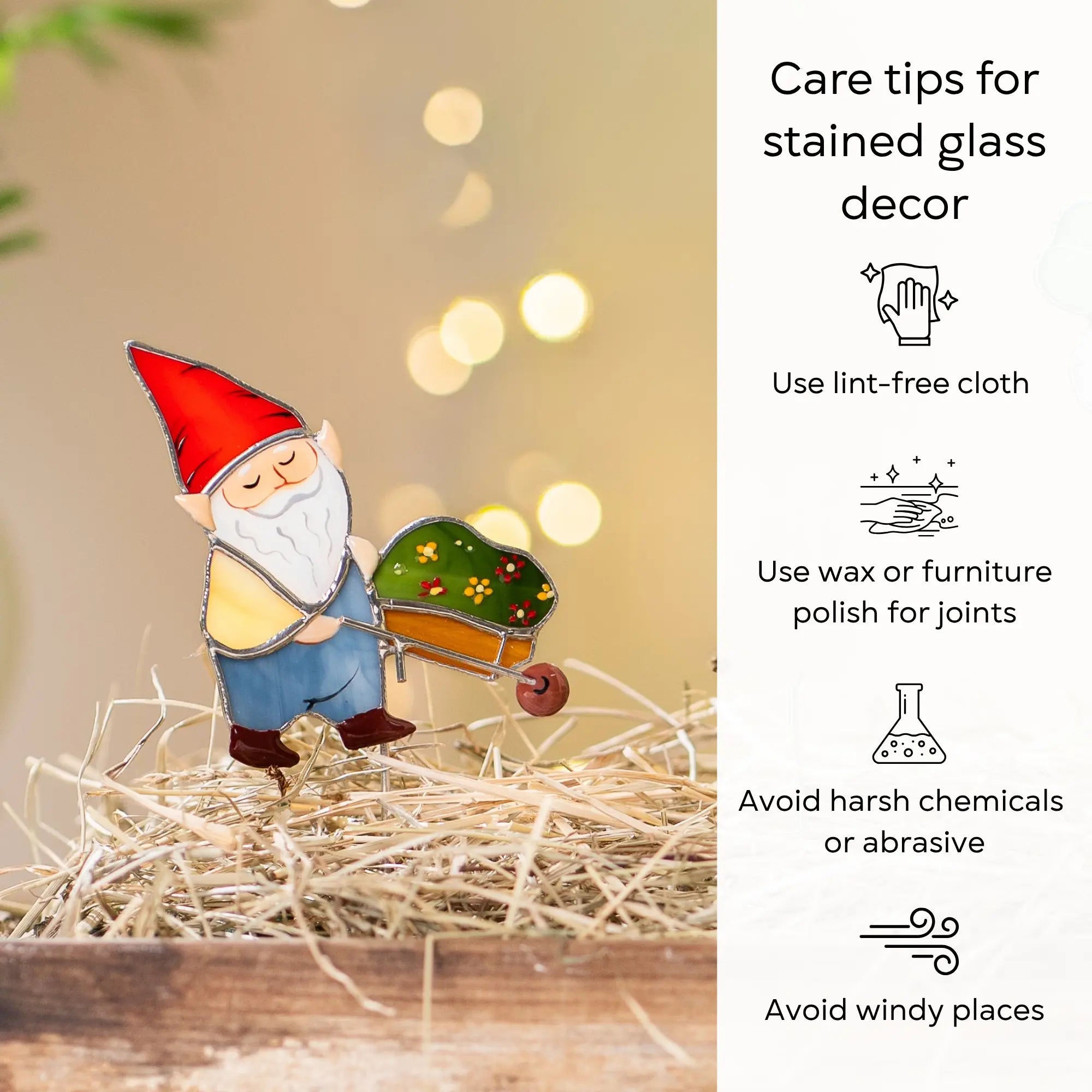 Stained glass gnome plant stake with care tips for stained glass decor on the right^ use lint-free cloth, polish joints with car wax or furniture polish, avoid harsh chemicals, and windy places.