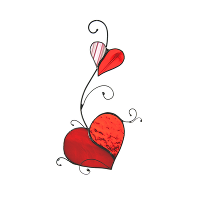 Two red stained glass hearts connected with black wire curls, floating against a white background.
