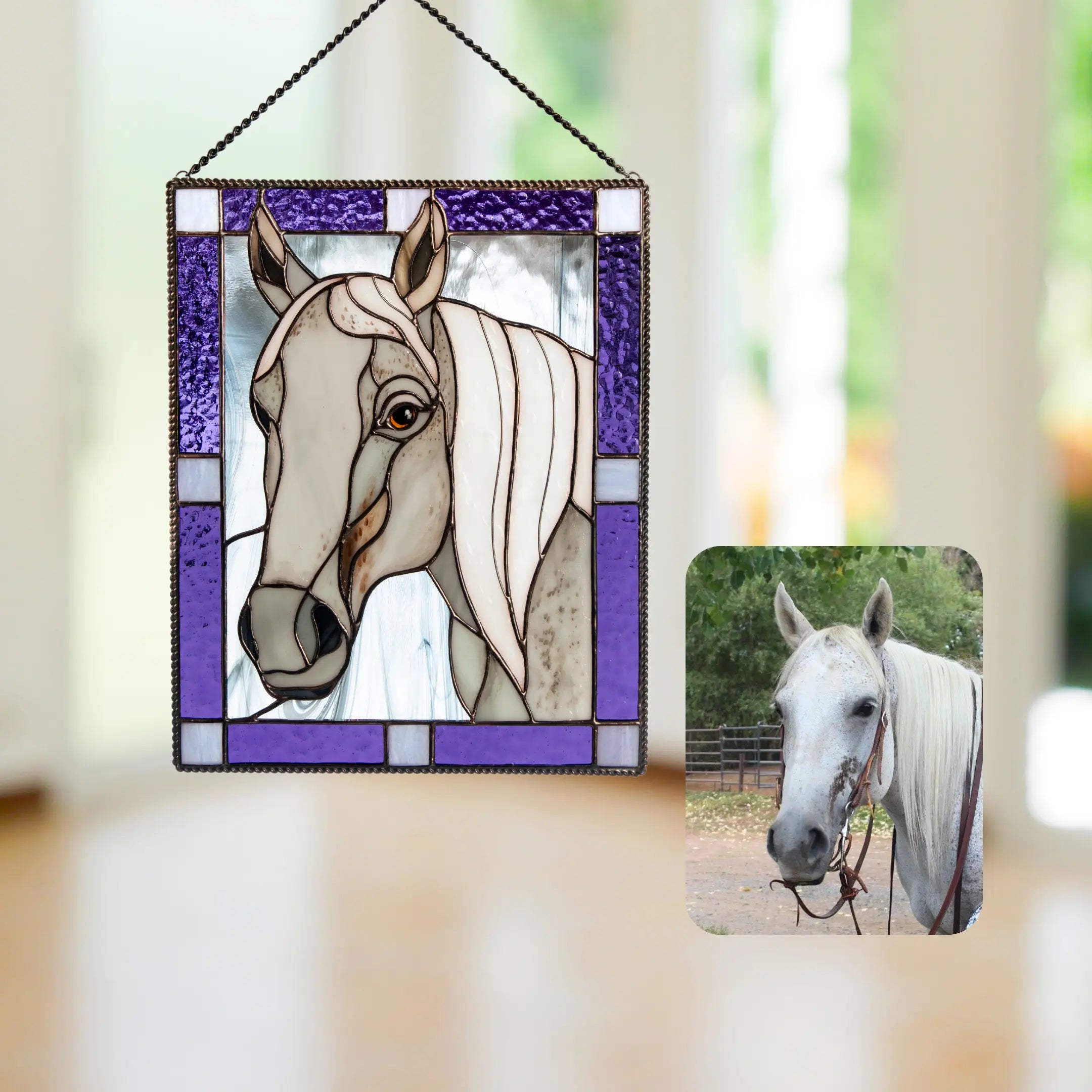 Stained glass panel  horse portrait with a real horse photo for comparison