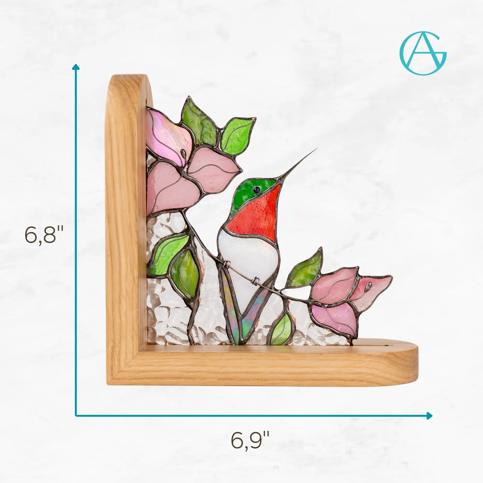 Stained glass hummingbird and flower bookend in a wooden frame with measurements 6,8 x 6,9 inches