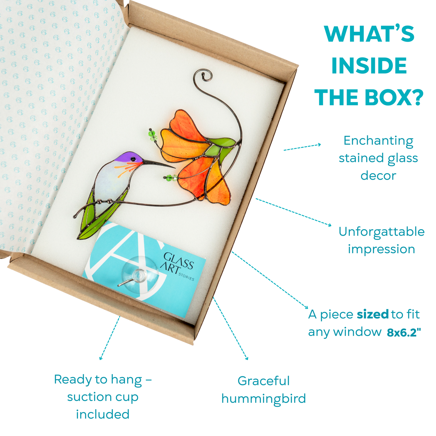 Purple and green hummingbird with orange flower packed in branded gift box with hanging kit inside