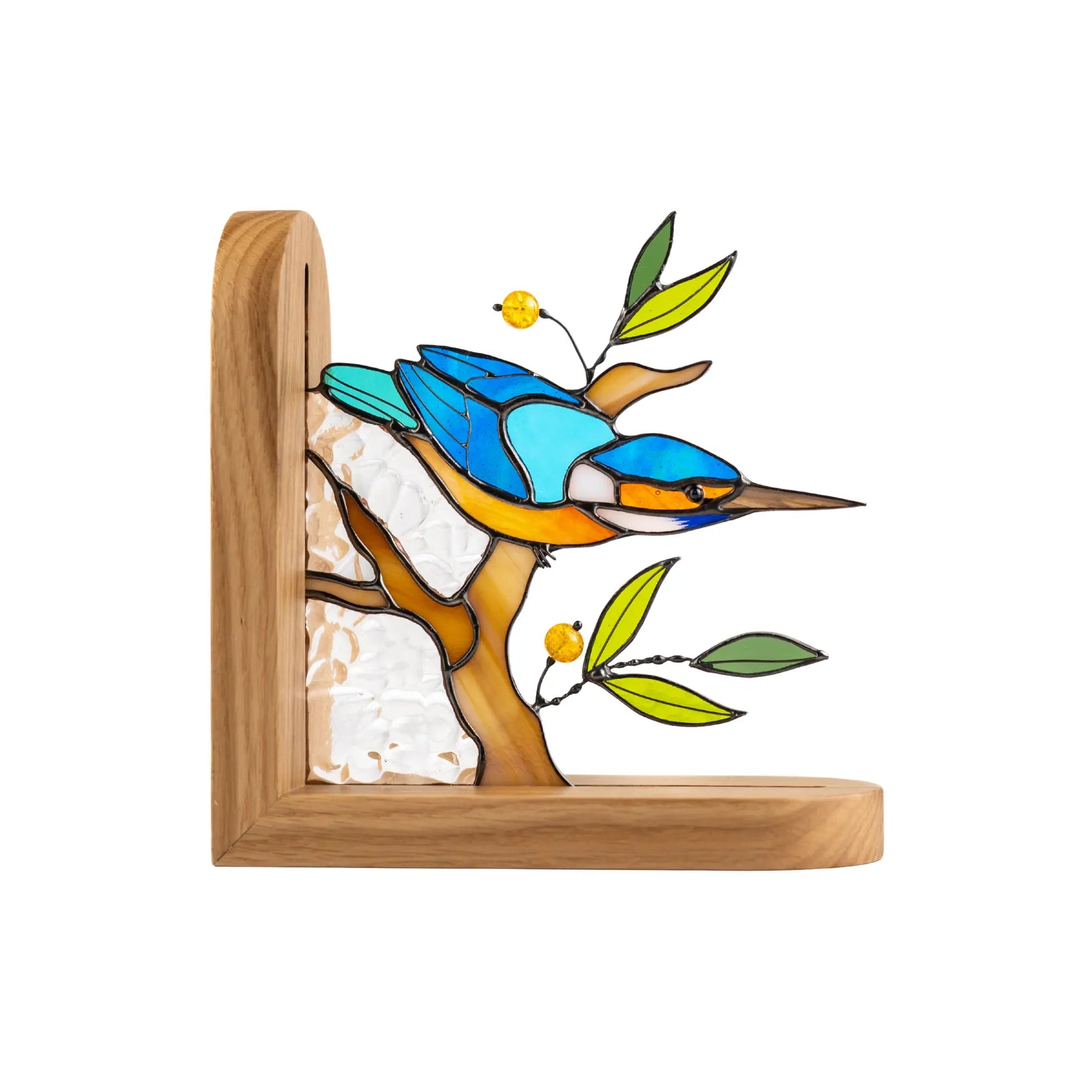 Handcrafted kingfisher stained glass bookend bird, unique artisan gift for home library and nature lovers.