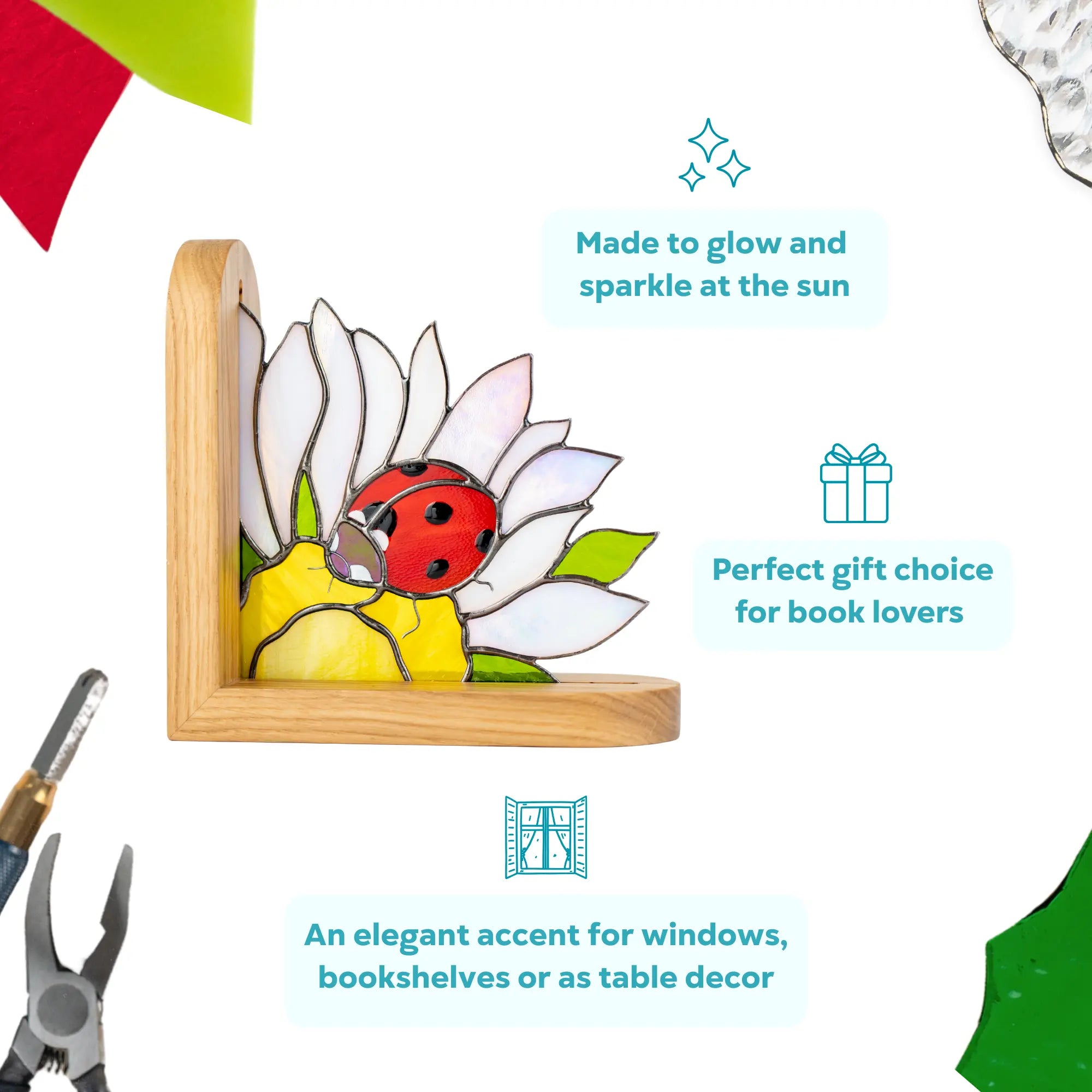 Stained glass ladybug on a white daisy by a sunny window. Iridescent petals and a bright red beetle on an oak base create an elegant, glowing accent for your favorite book collection.