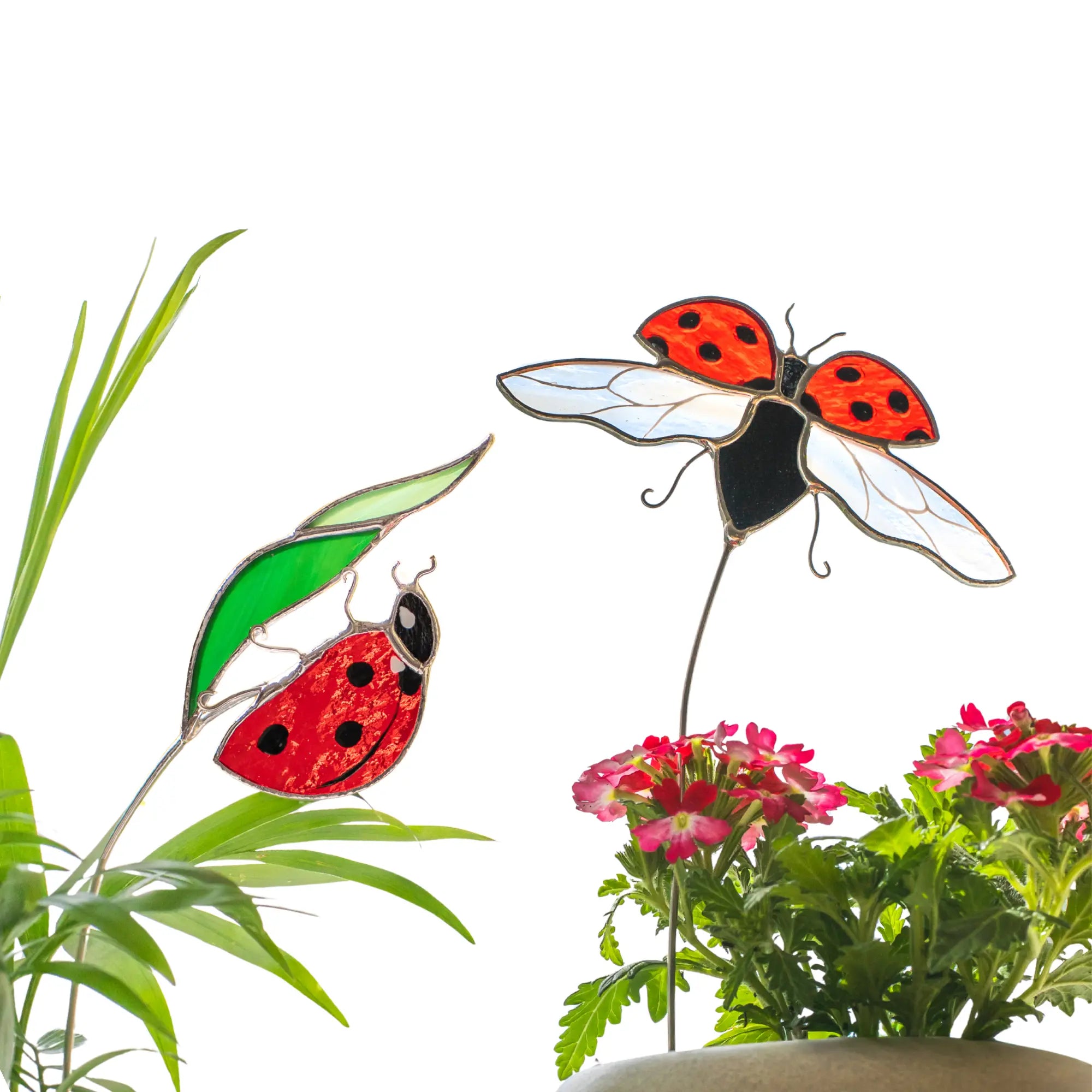Stained glass ladybug plant stakes on a white background with plants and flowers.