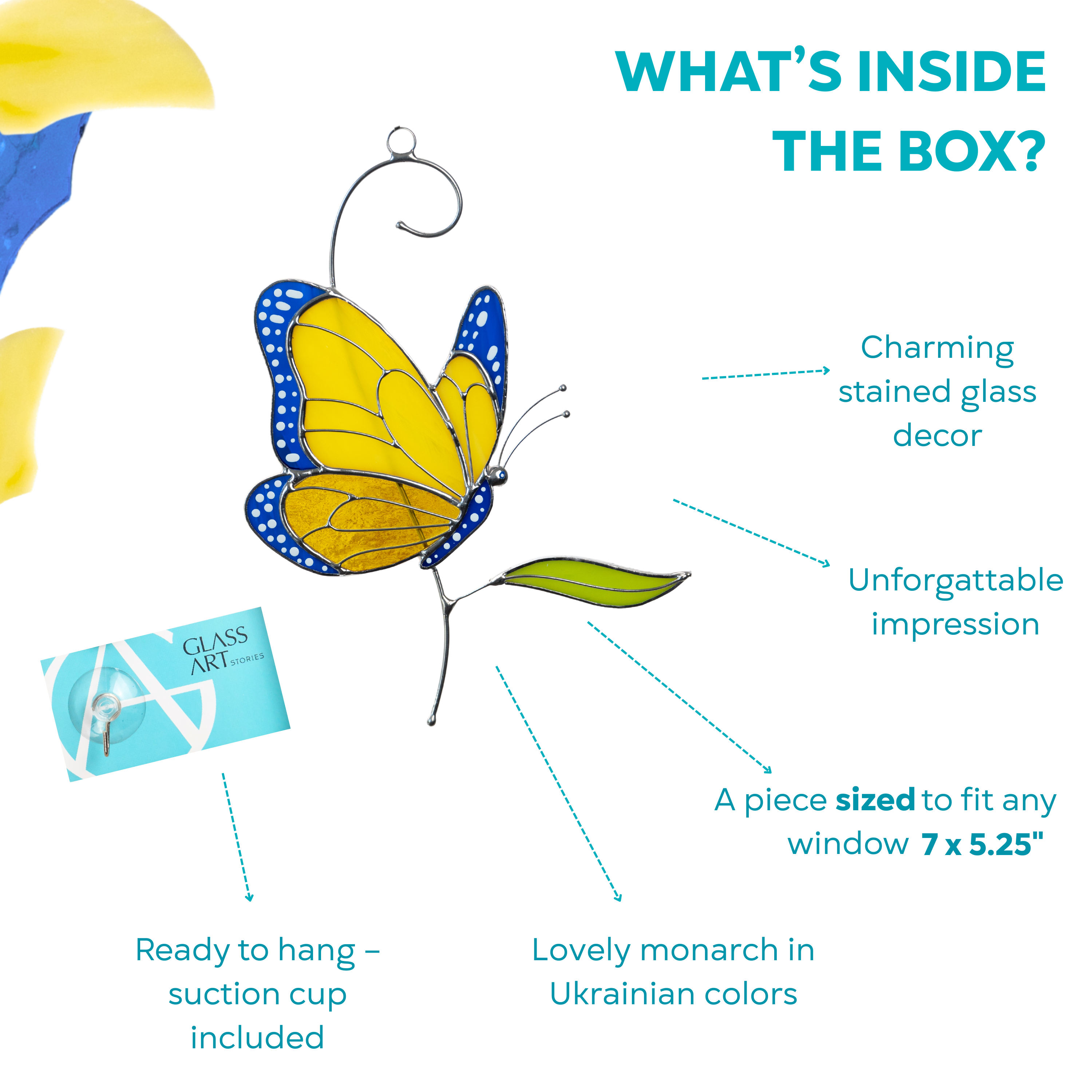 Yellow and blue stained glass butterfly in branded box with green leaf and suction cup.