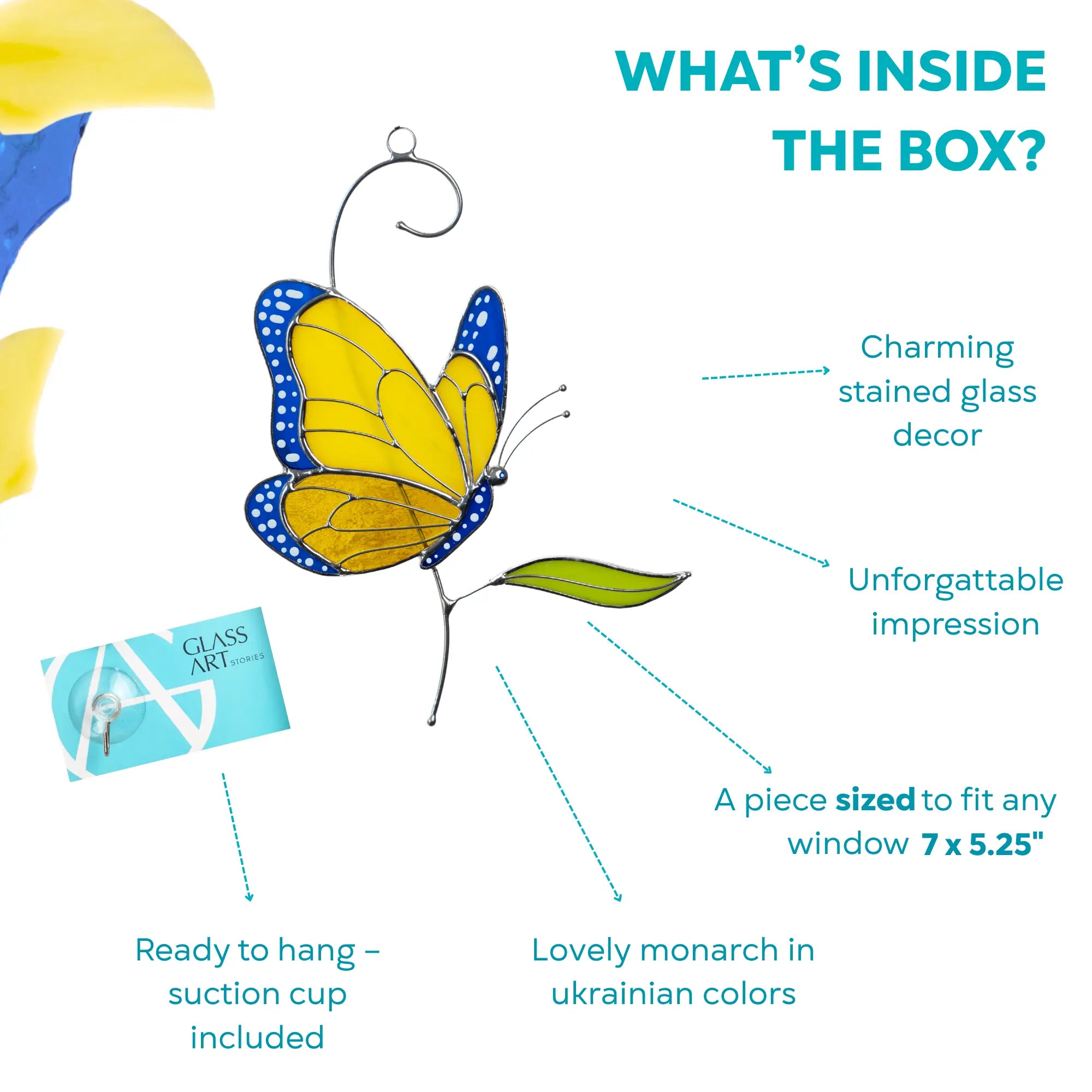 Yellow and blue stained glass butterfly in branded box with green leaf and suction cup.