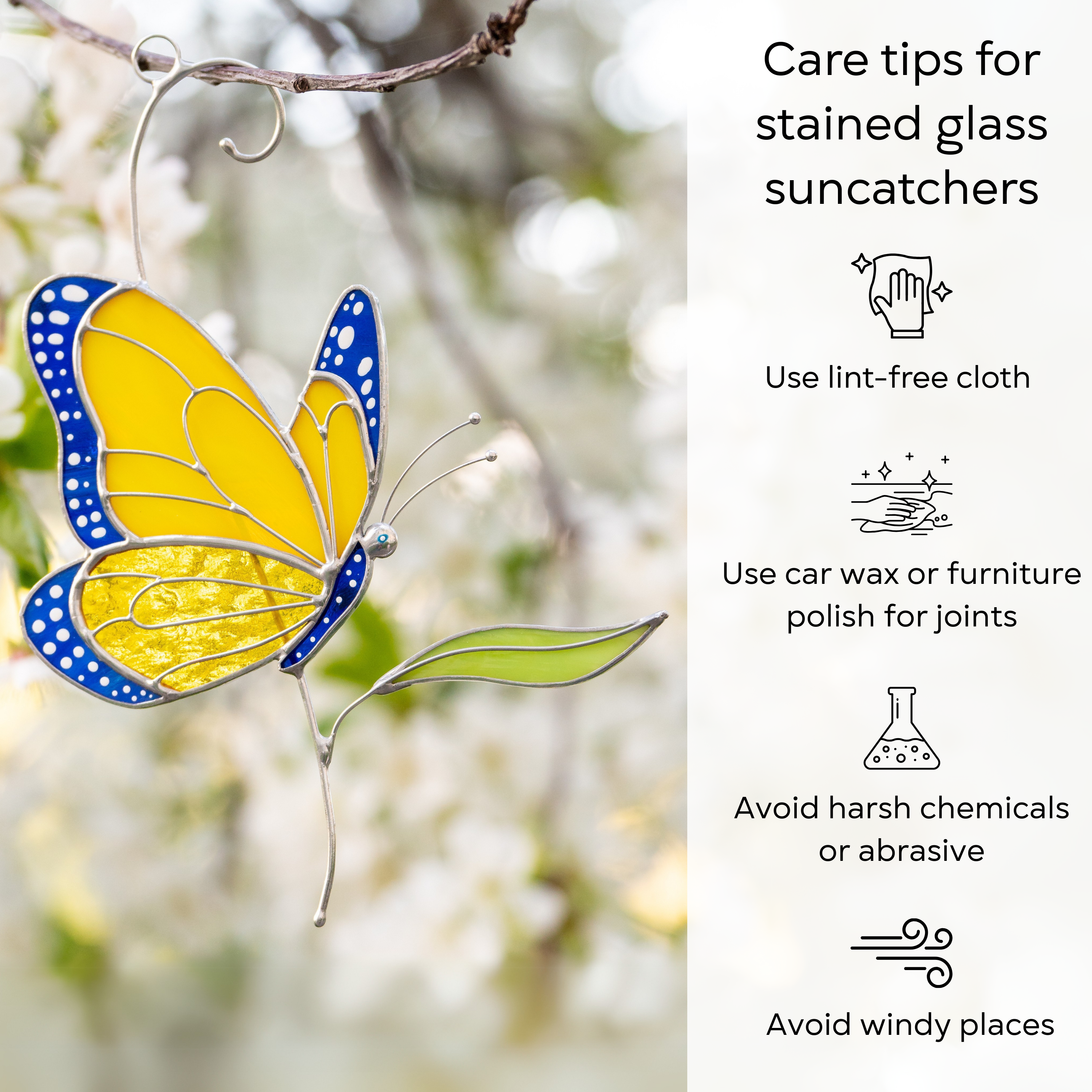 Yellow and blue stained glass butterfly on a tree branch with care tips for stained glass: use lint-free cloth, polish joints with car wax or furniture polish, avoid harsh chemicals, and windy places.