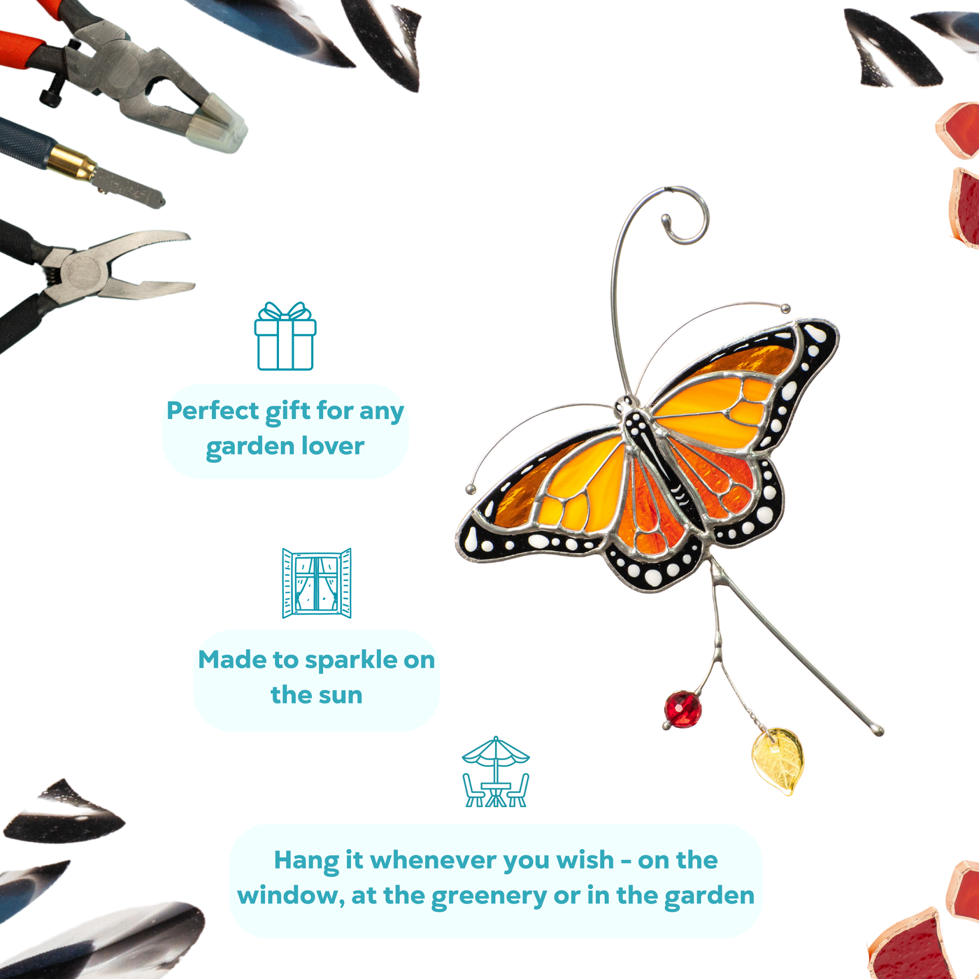 Stained glass monarch butterfly shown with red bead and gold leaf, perfect gift idea.
