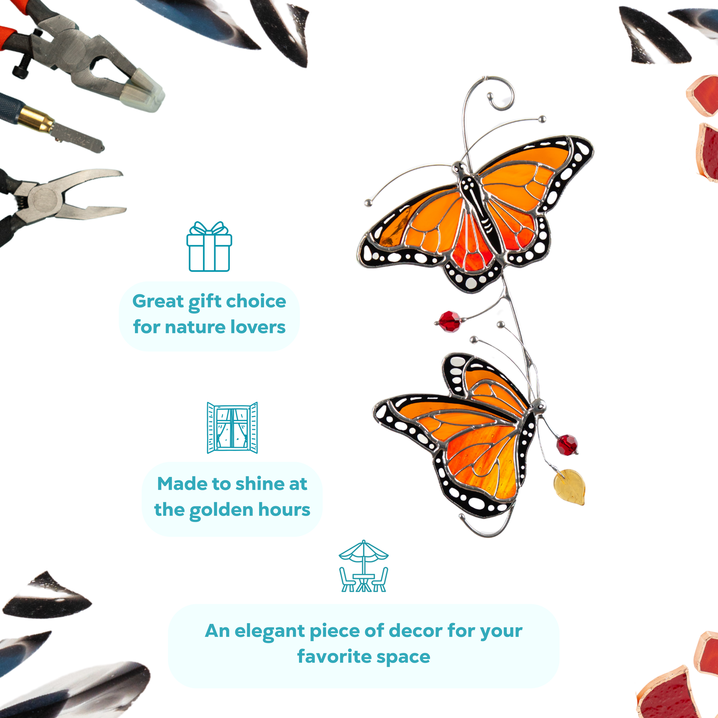 Two vibrant stained glass monarch butterflies with a metal branch and red beads are the perfect gift choice.