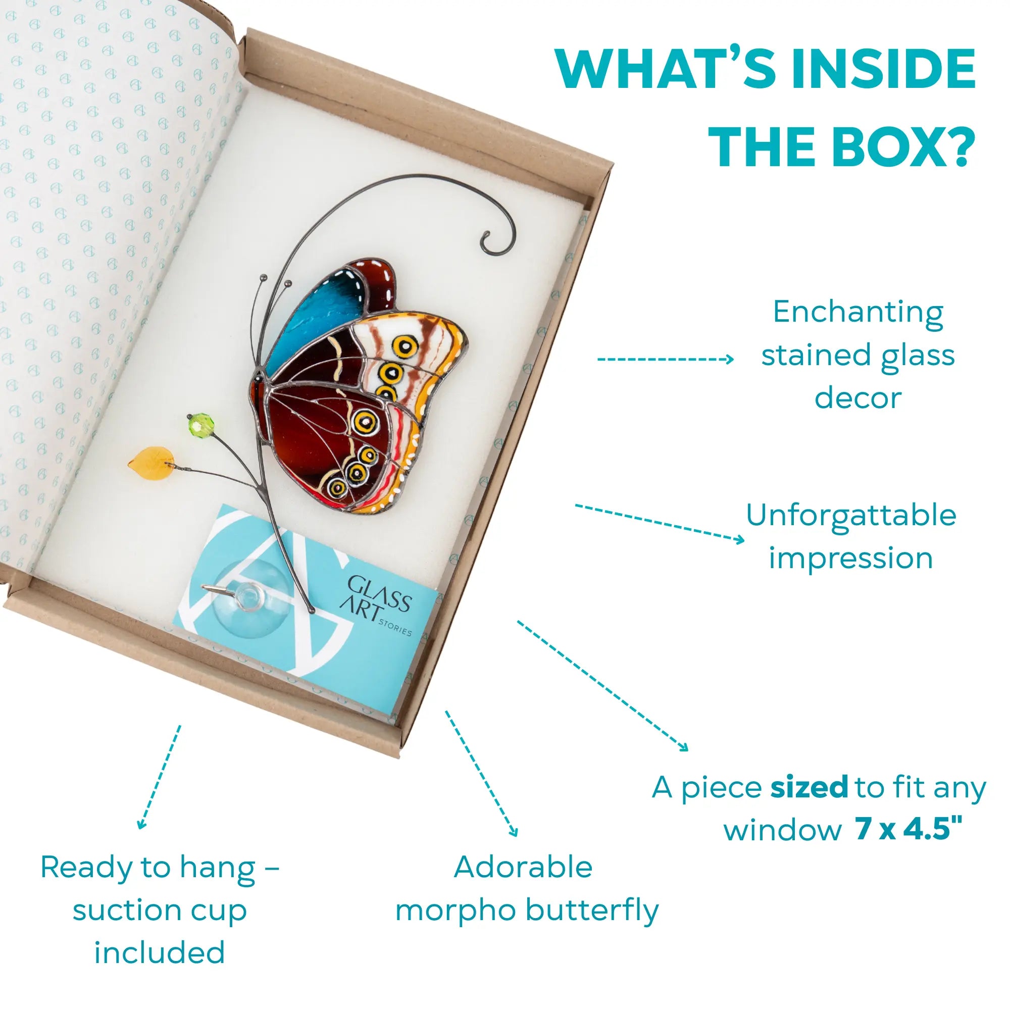 Stained glass butterfly sized 7 x 4.5 inches in gift box and accessories