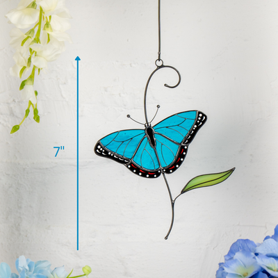 Morpho butterfly suncatcher next to height measurement showing 7 inches.