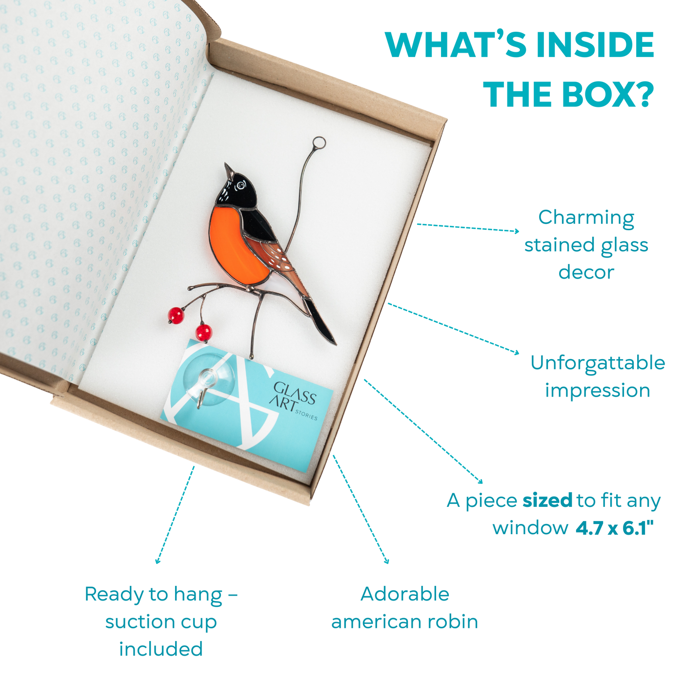 Box with stained glass American robin, suction cup, and Glass Art Stories card inside.