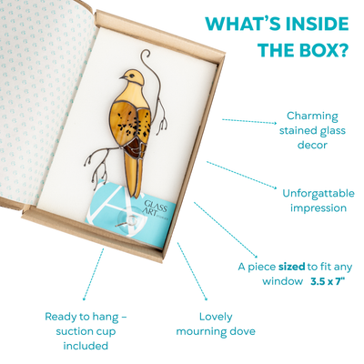 Beige stained glass mourning dove suncatcher packed inside a gift box with branded card and suction cup.