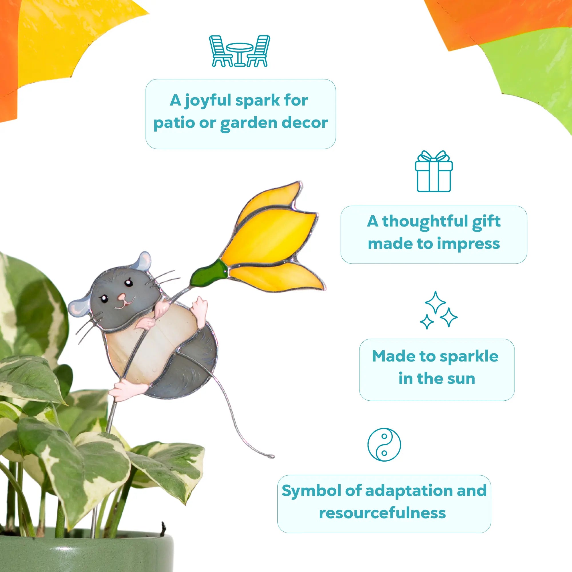 Stained glass mouse with a flower plant stake as a symbol of resourcefulness