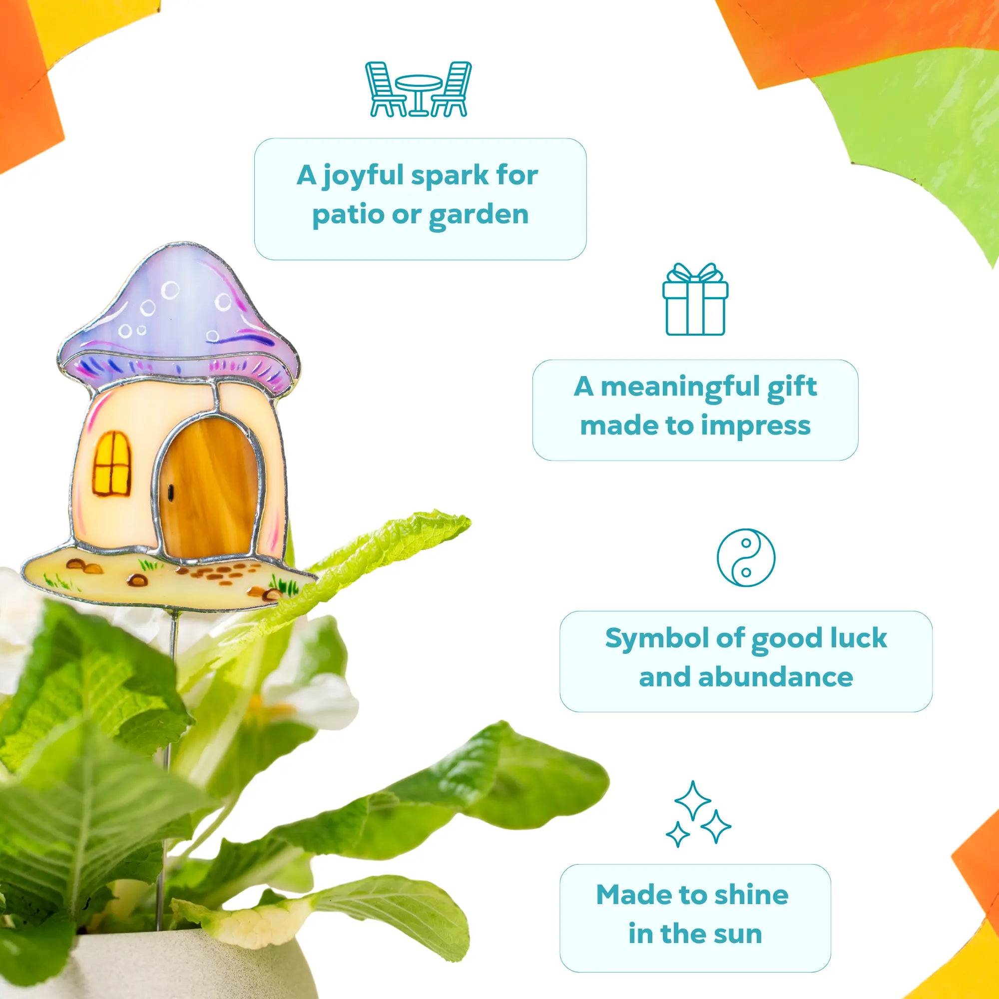 An infographic featuring a stained glass mushroom house plant stake as a symbol of abundance