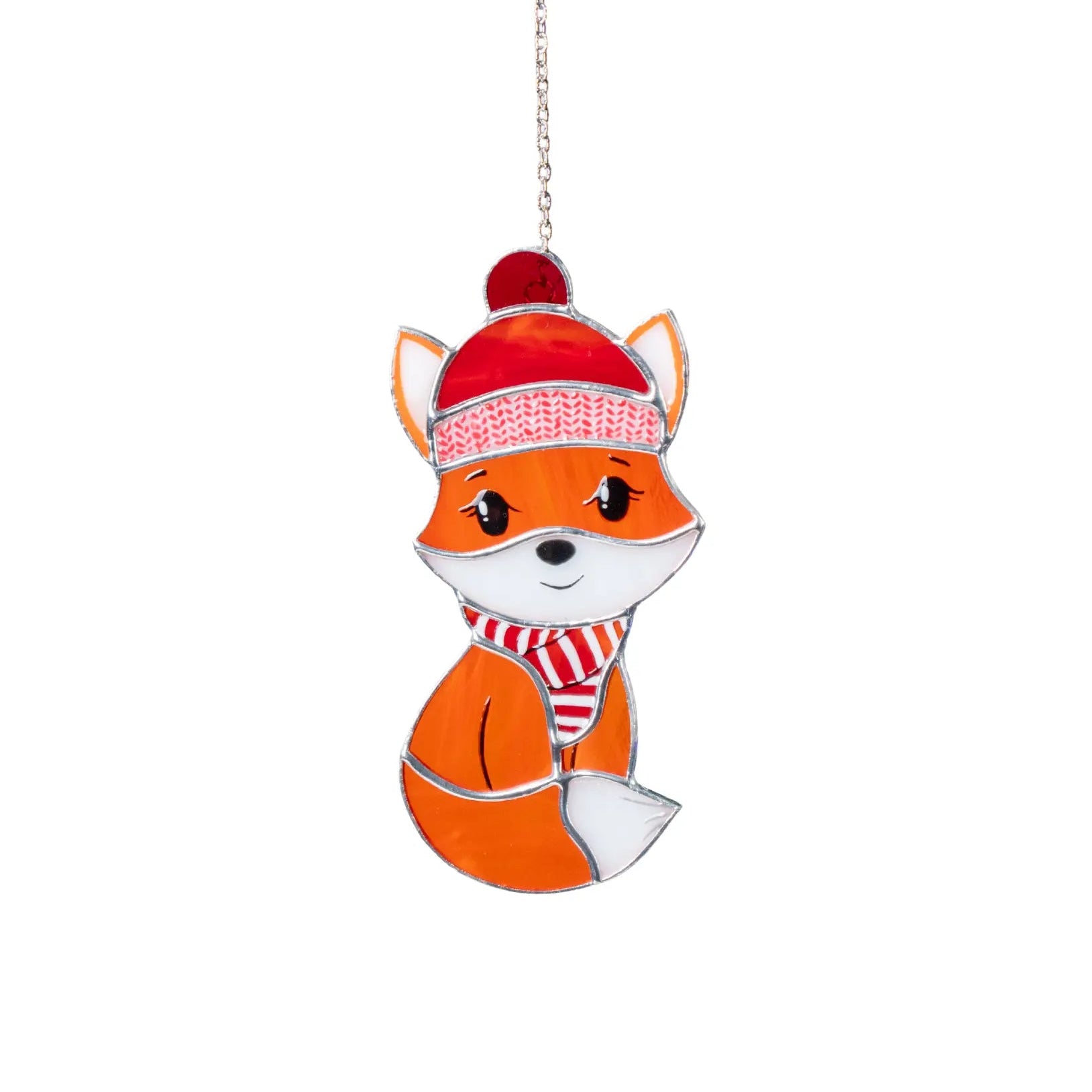 Stained glass suncatcher featuring fox wearing a red hat and striped scarf on a white background