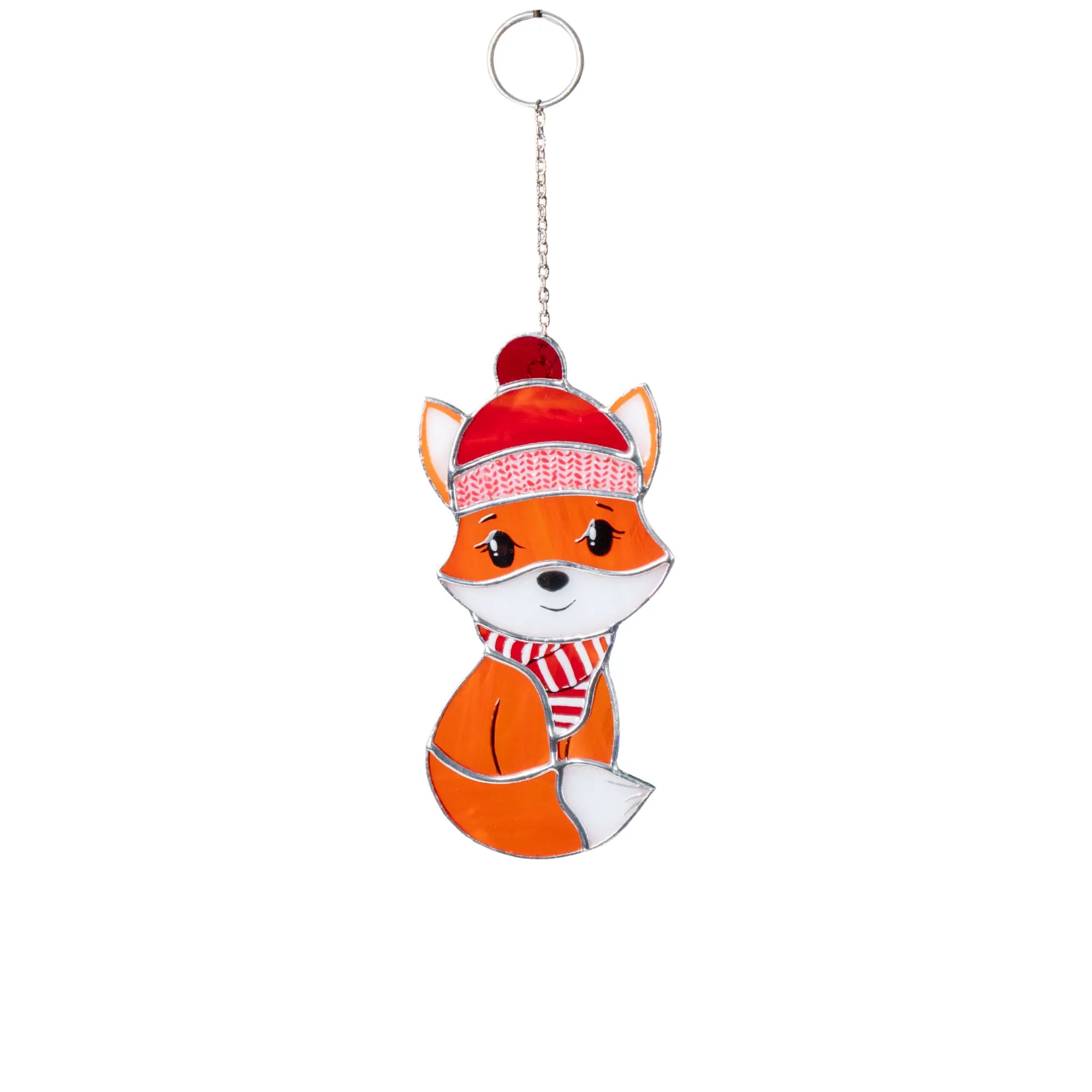 Stained glass suncatcher featuring fox wearing a red hat and striped scarf on a white background
