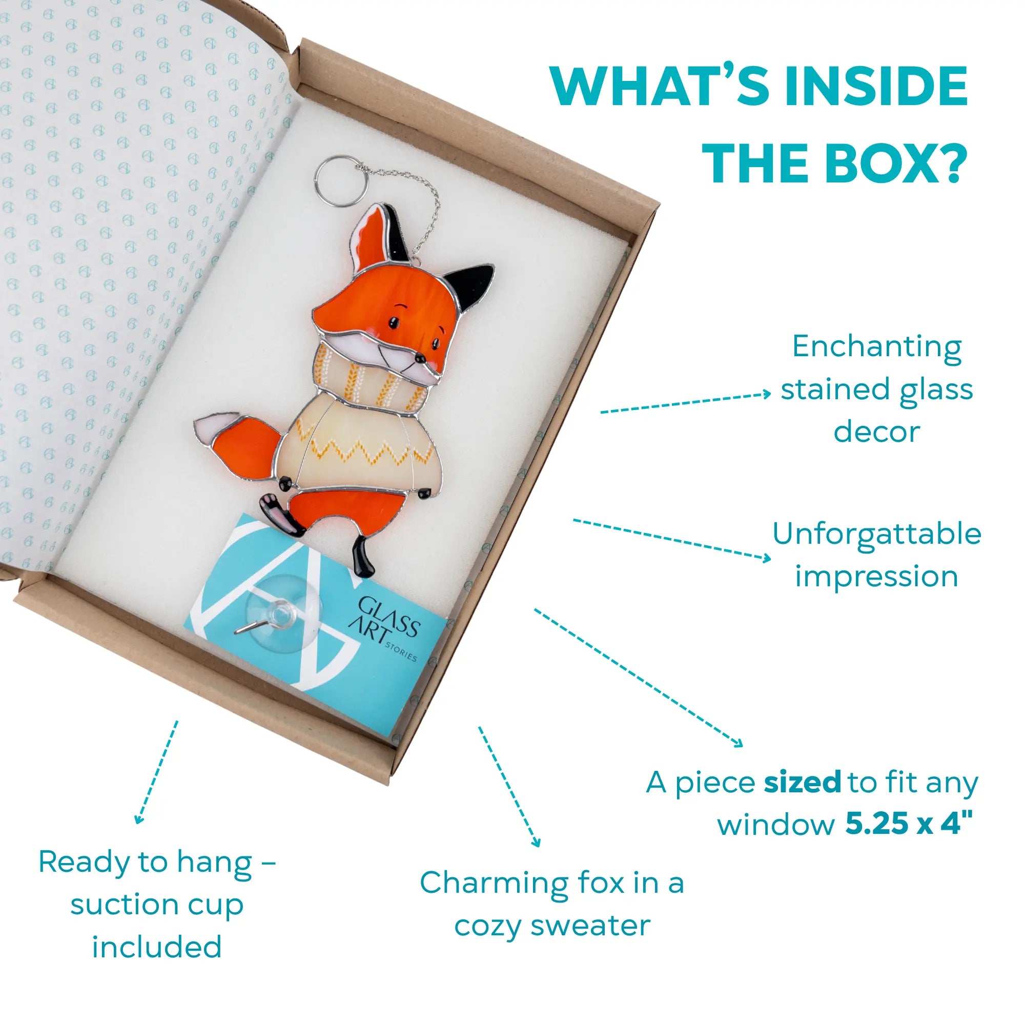 Stained glass suncatcher fox in a sweater Christmas decor in a box with branded card and suction cup included