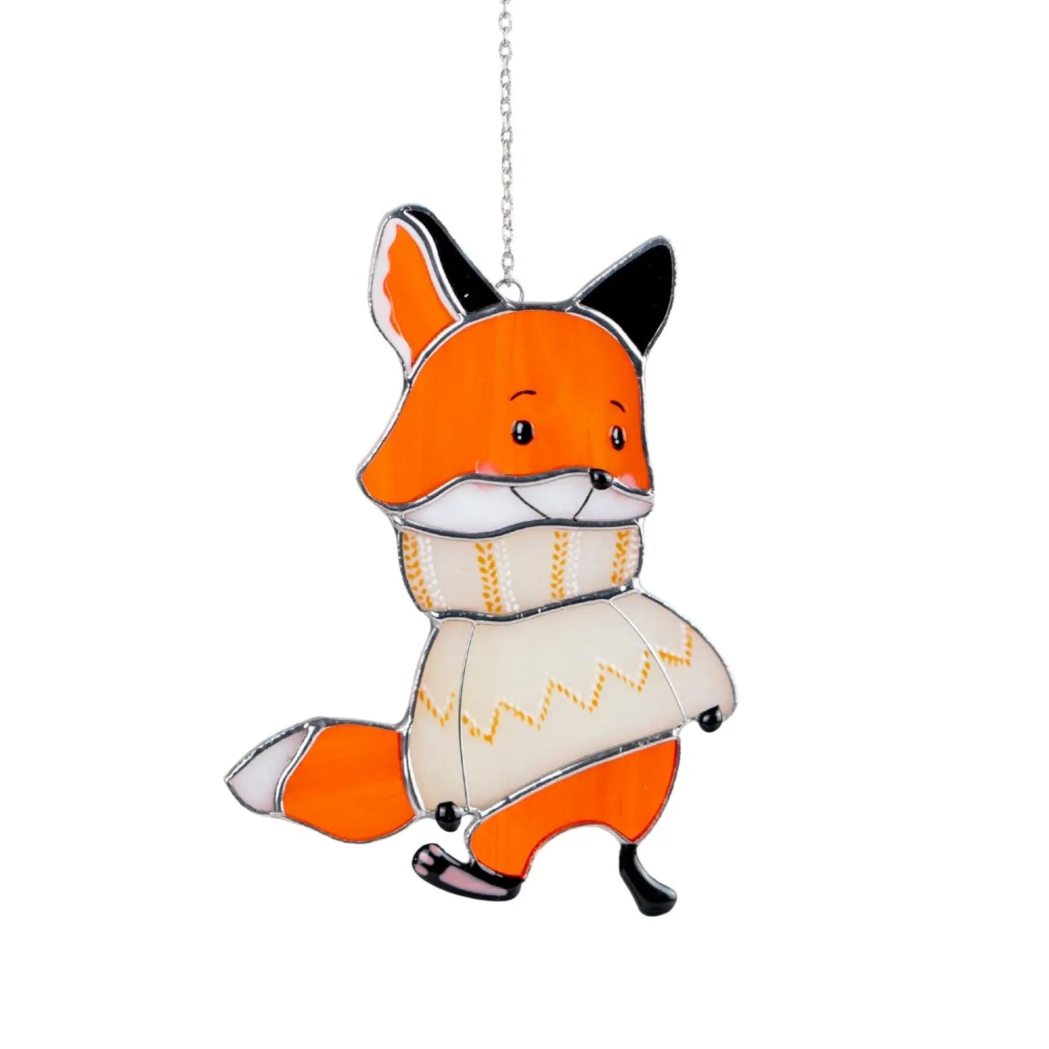 Stained glass suncatcher fox wearing a sweater on a white background