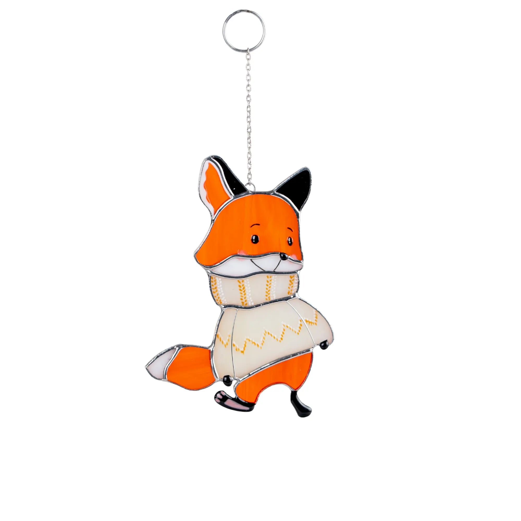 Stained glass suncatcher fox wearing a sweater on a white background