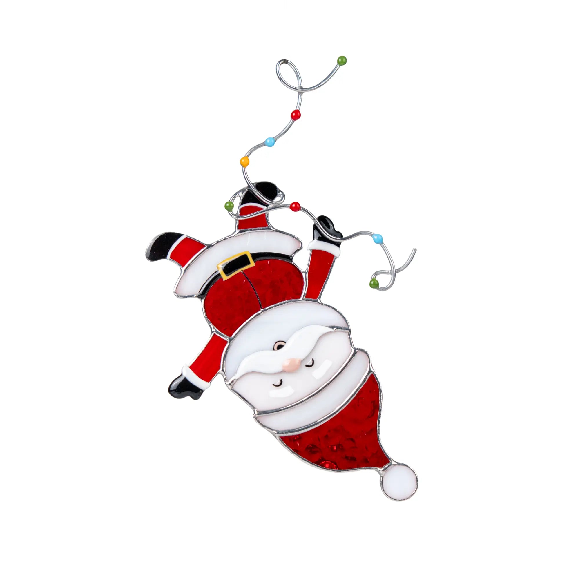 Stained glass suncatcher of a smiling Santa Claus on a white background