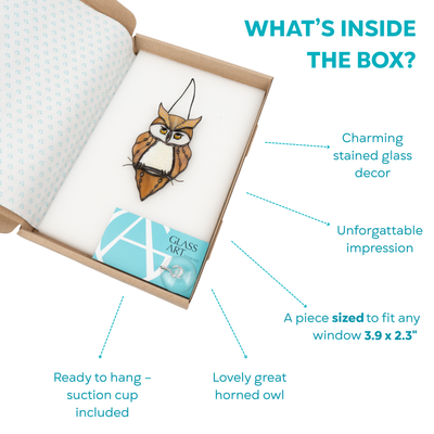 Great horned owl suncatcher placed in a gift box with card and suction cup
