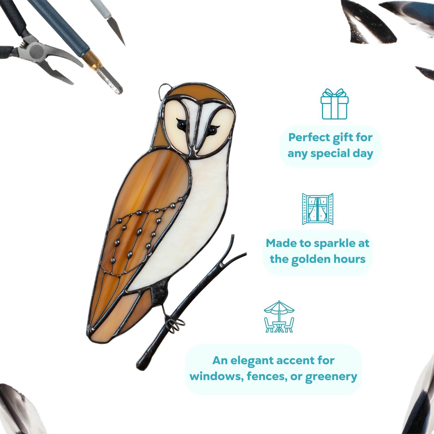 Barred owl stained glass piece with creamy white and amber glass, perched on a metal branch