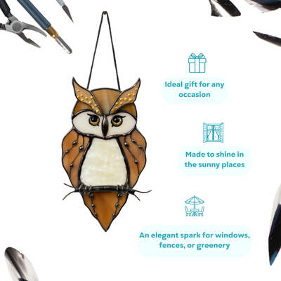 Stained glass owl in amber and white tones, hanging on a black string, being the perfect gift and ideal accent