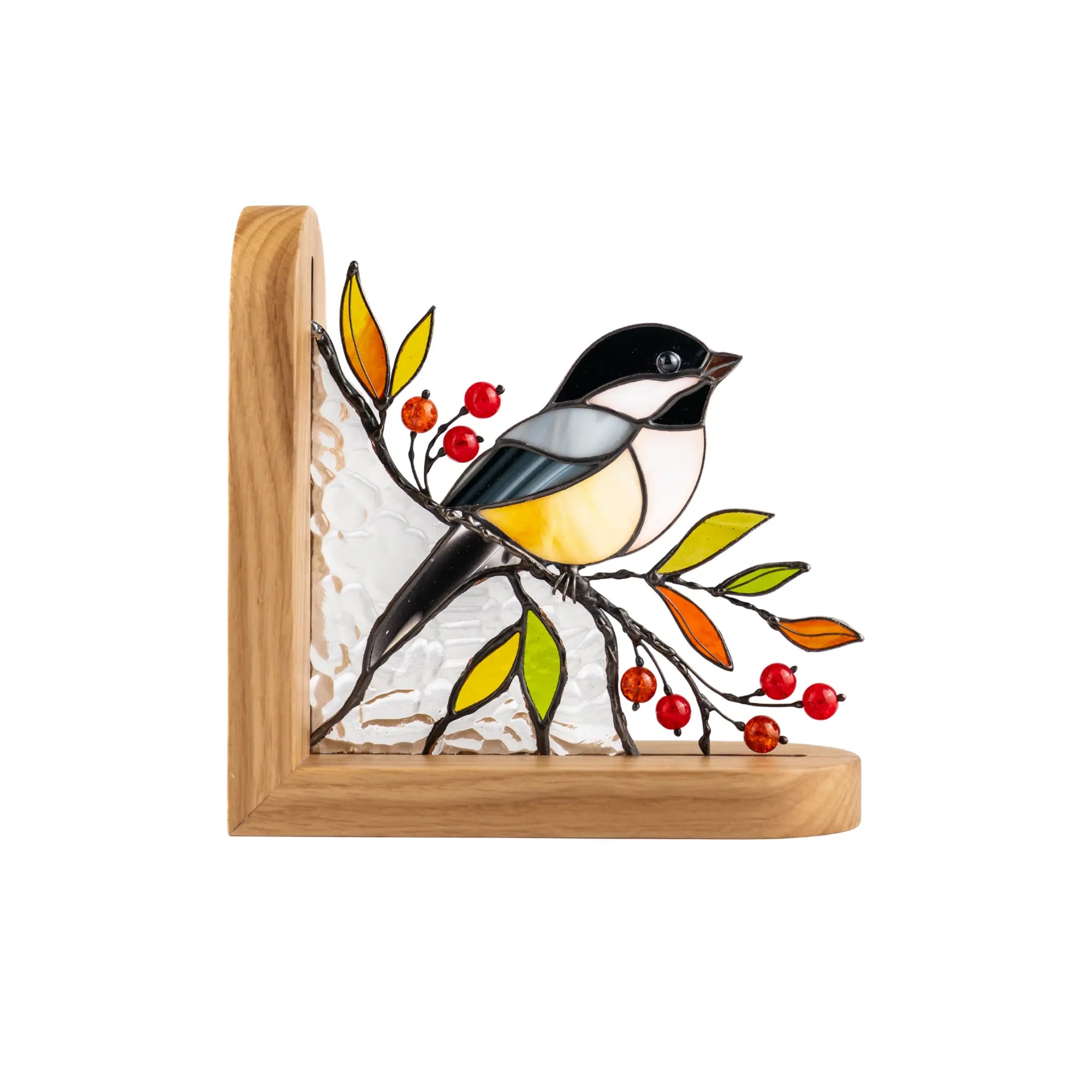 Stained glass bookend chickadee on a branch with beads in a wooden frame on a white background