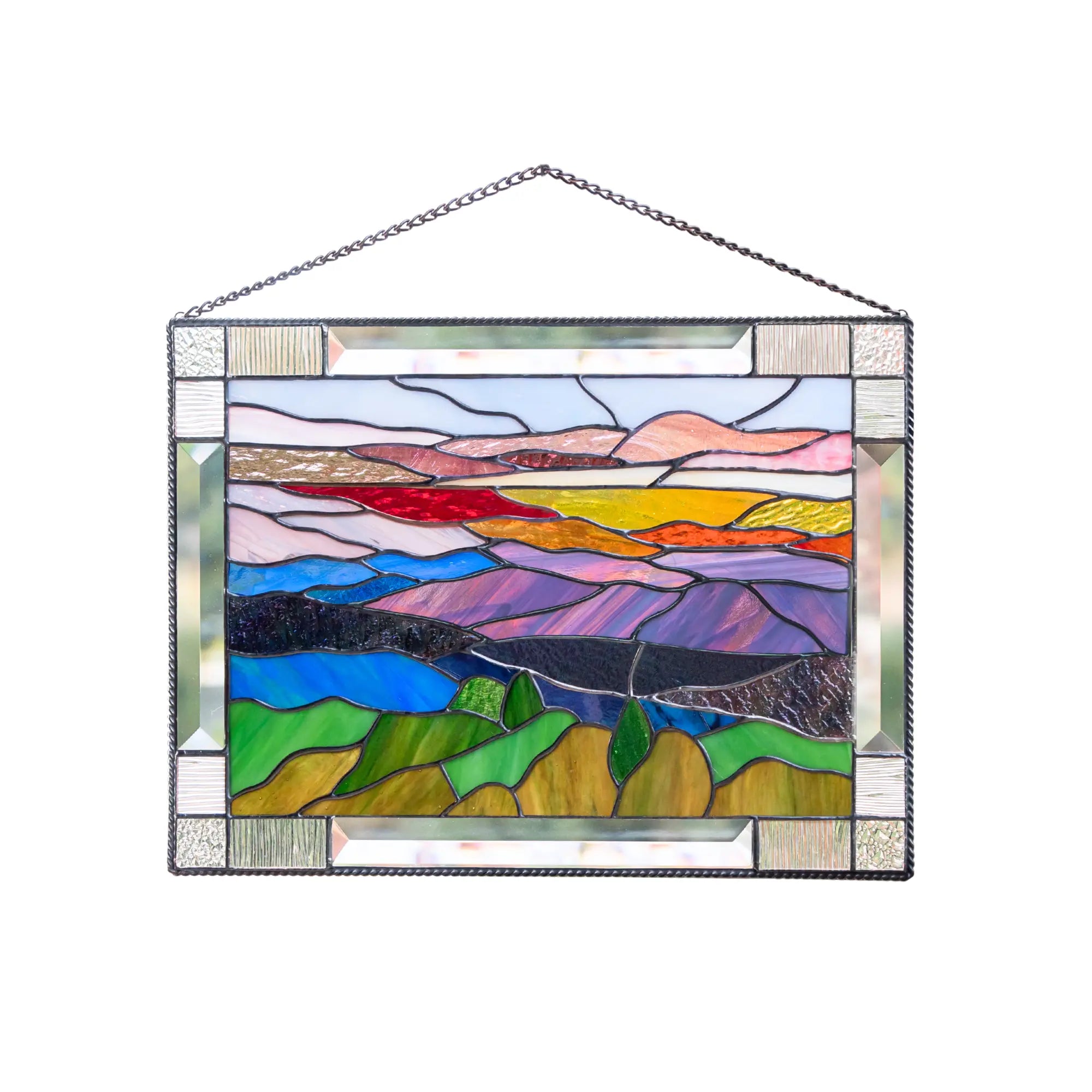 Stained glass panel with a mountain Blue Ridge landscape design on a white background